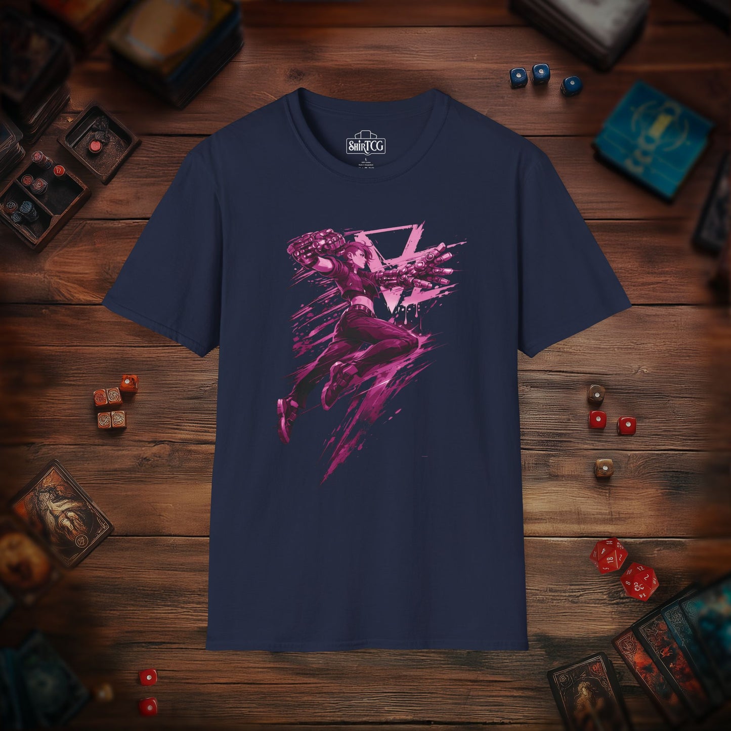 Cyberpunk Fighter T-Shirt — Pink-Haired Gauntlets Neon Streetwear