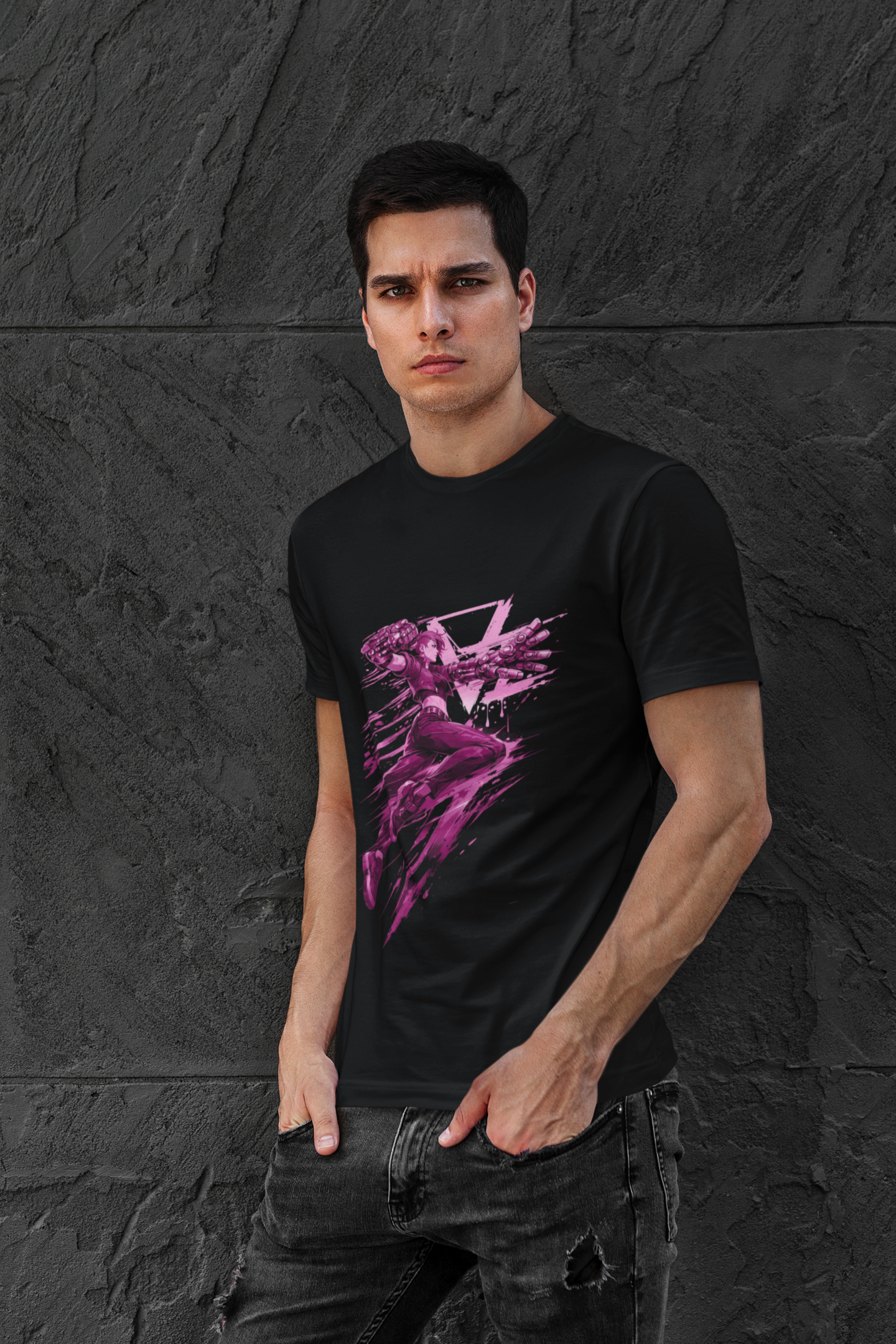 Cyberpunk Fighter T-Shirt — Pink-Haired Gauntlets Neon Streetwear