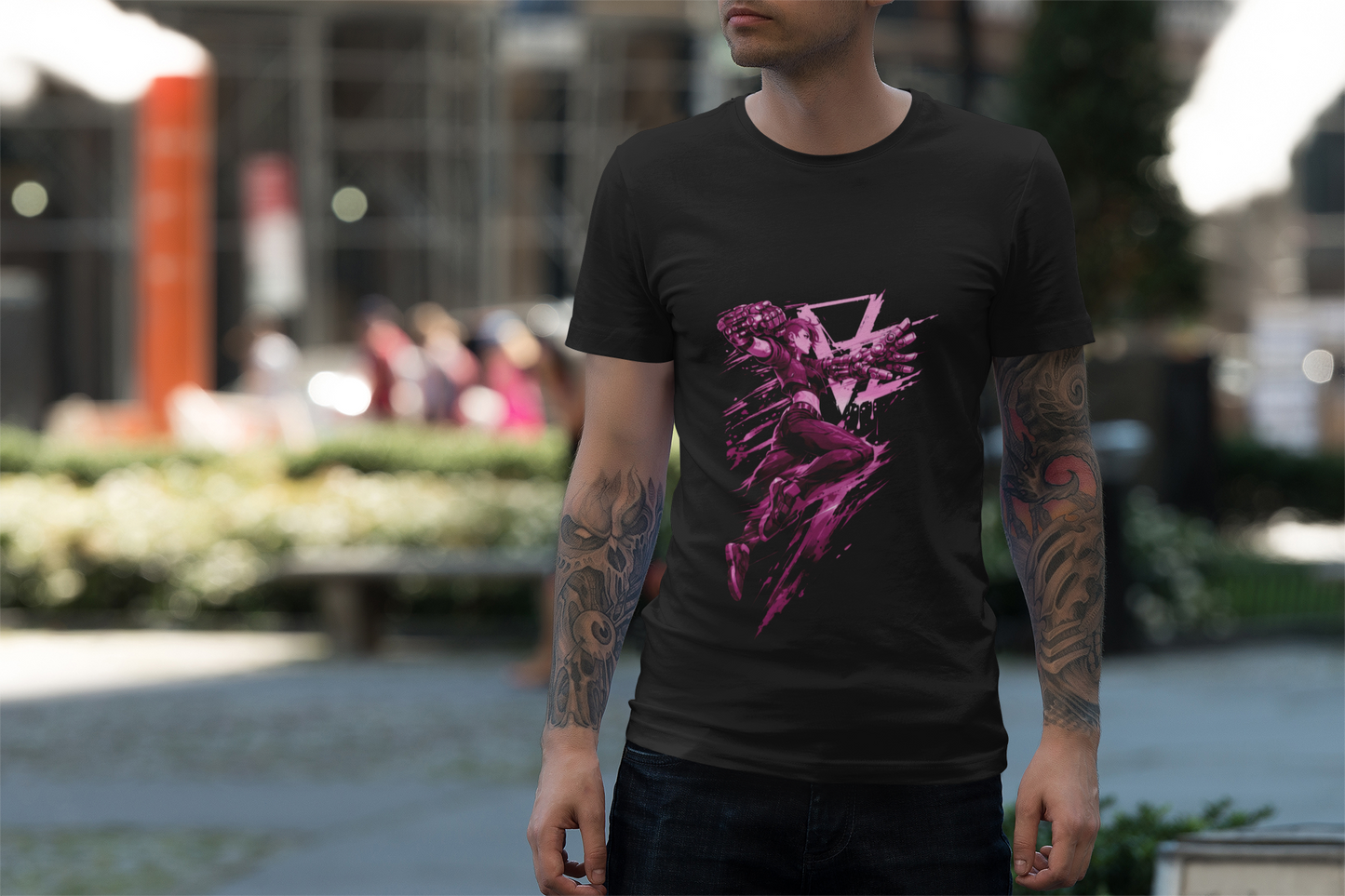 Cyberpunk Fighter T-Shirt — Pink-Haired Gauntlets Neon Streetwear