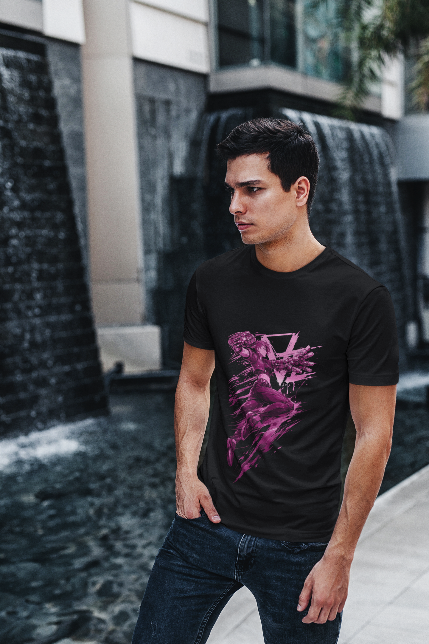 Cyberpunk Fighter T-Shirt — Pink-Haired Gauntlets Neon Streetwear