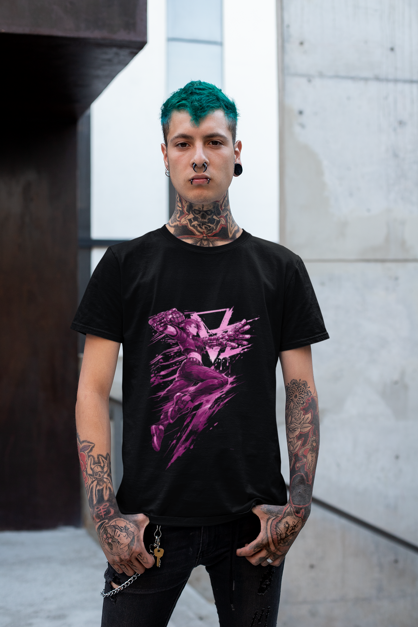 Cyberpunk Fighter T-Shirt — Pink-Haired Gauntlets Neon Streetwear