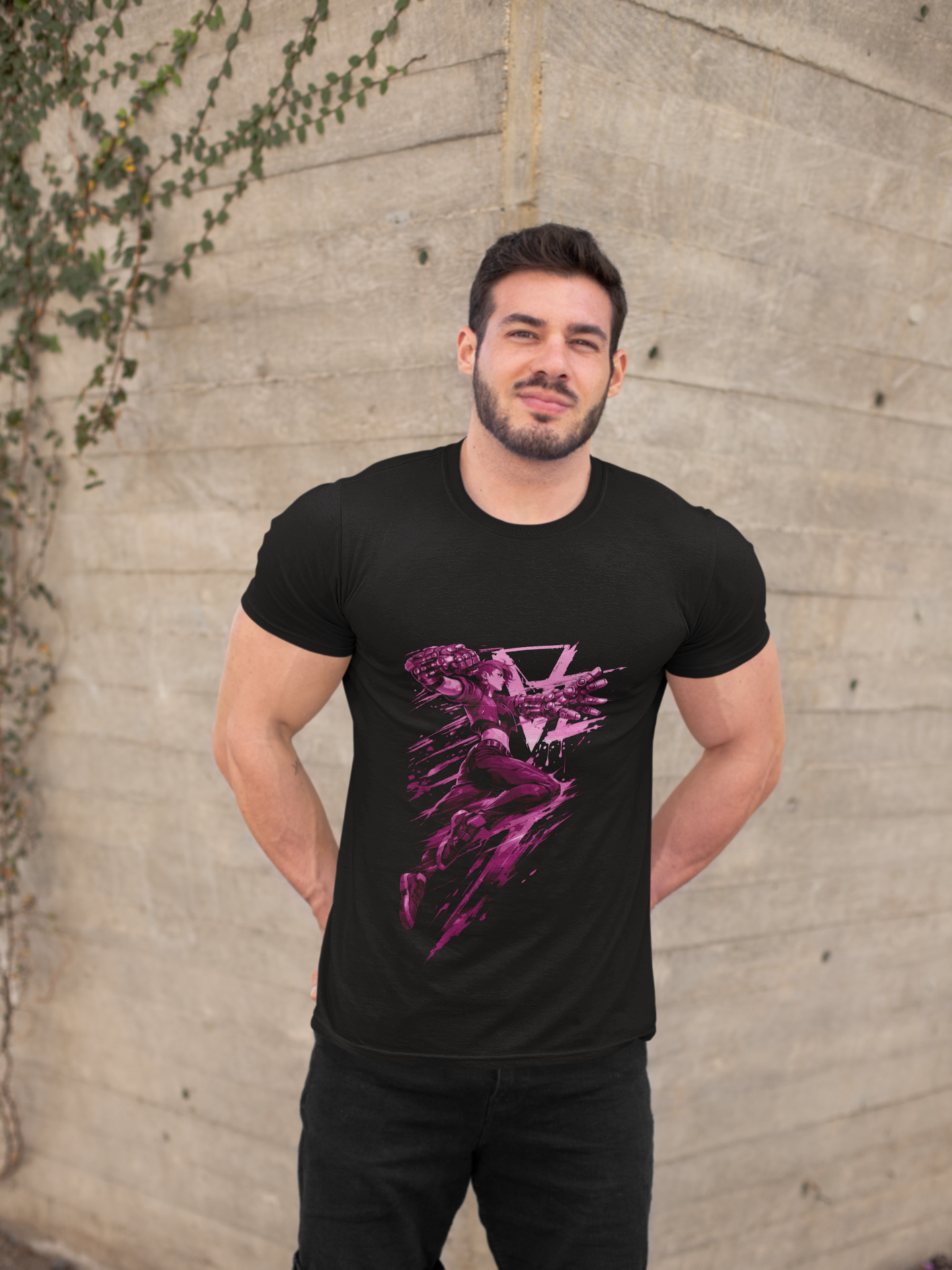 Cyberpunk Fighter T-Shirt — Pink-Haired Gauntlets Neon Streetwear