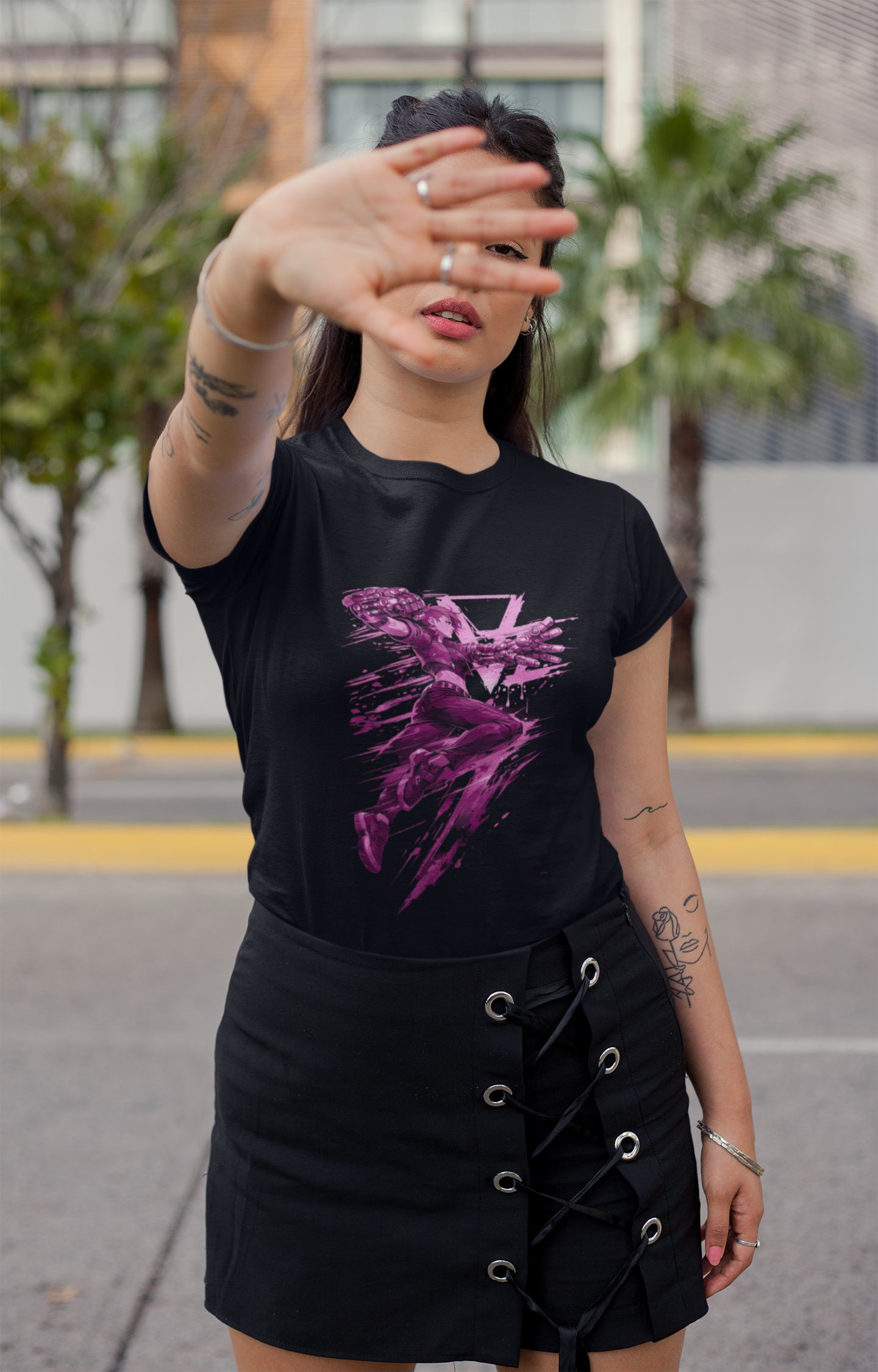 Cyberpunk Fighter T-Shirt — Pink-Haired Gauntlets Neon Streetwear