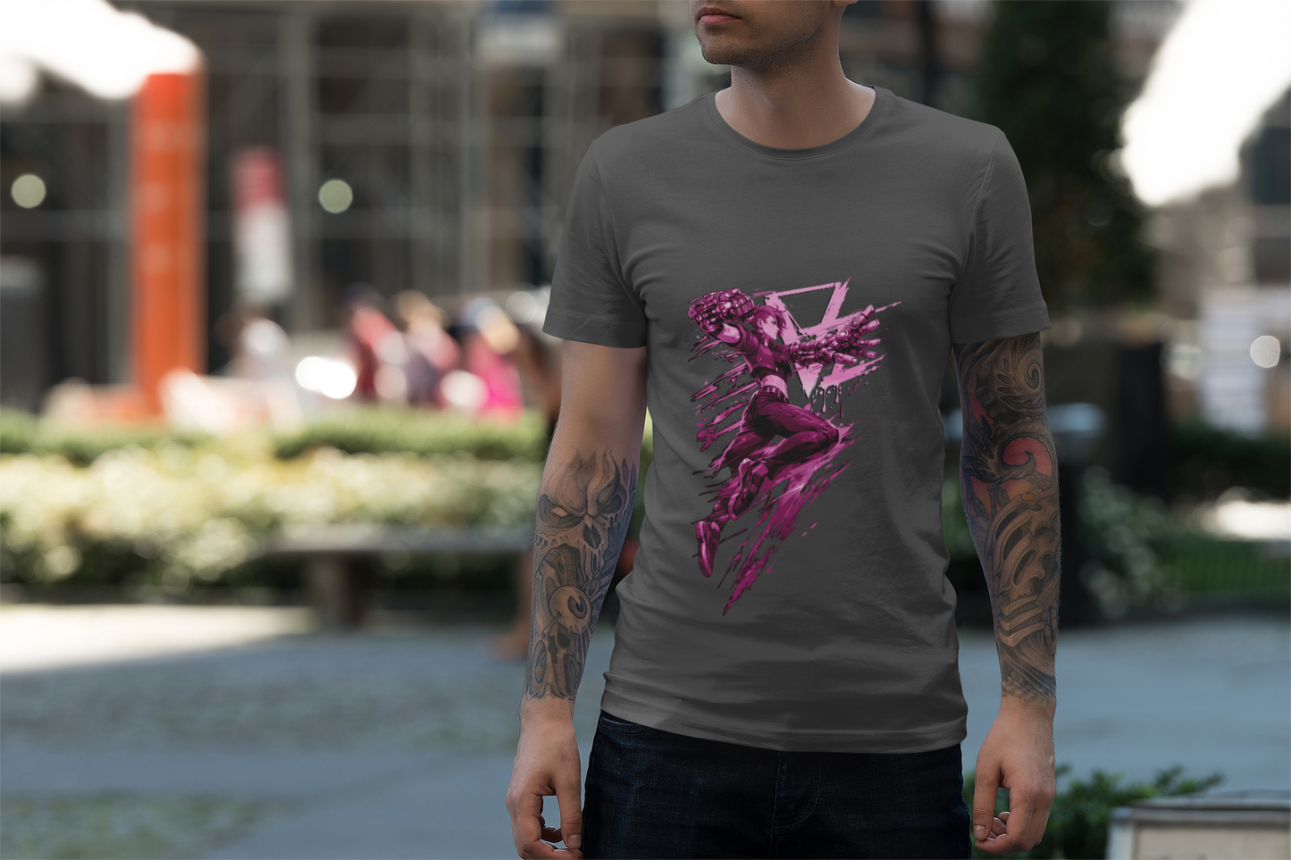 Cyberpunk Fighter T-Shirt — Pink-Haired Gauntlets Neon Streetwear