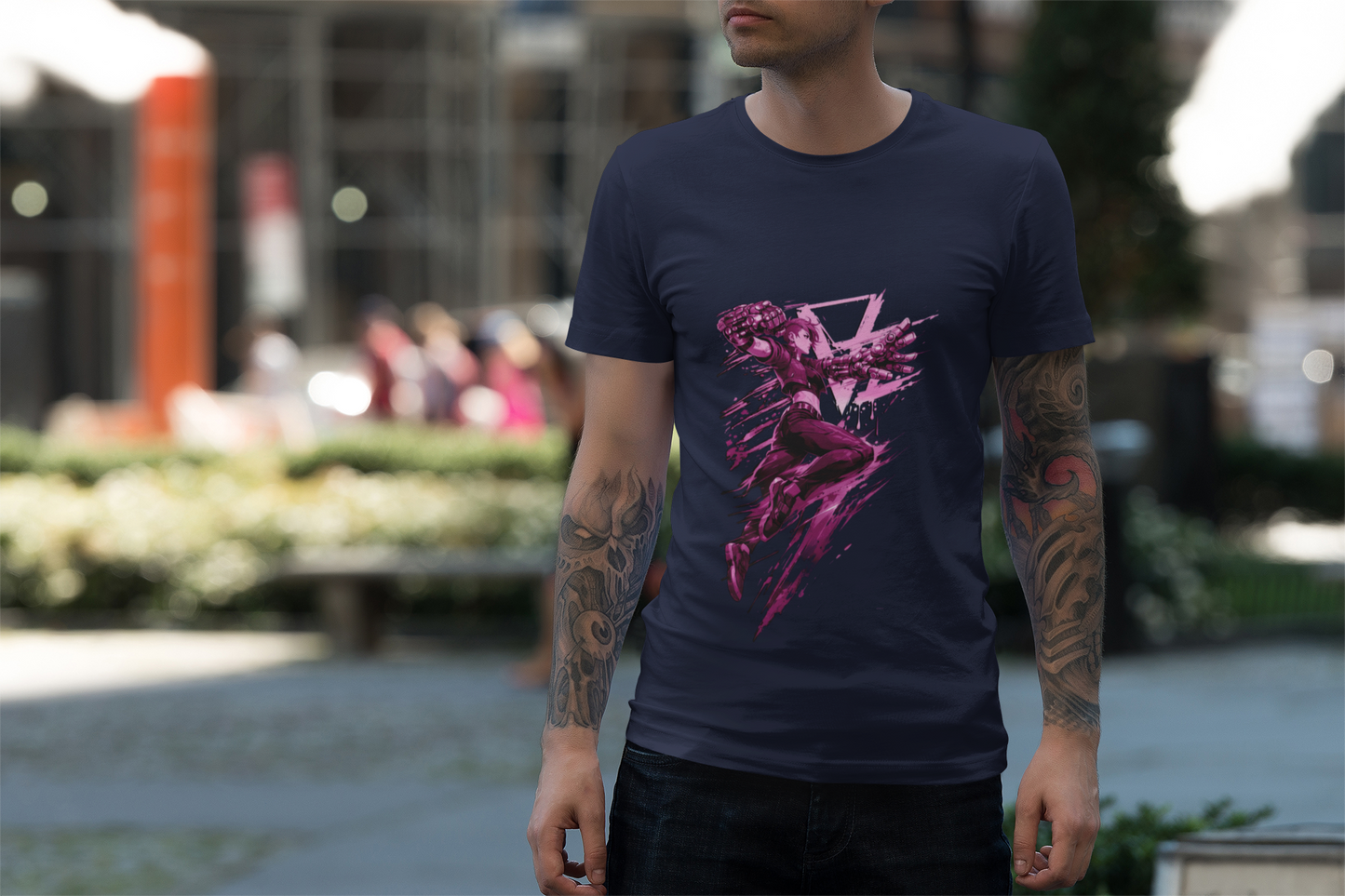 Cyberpunk Fighter T-Shirt — Pink-Haired Gauntlets Neon Streetwear