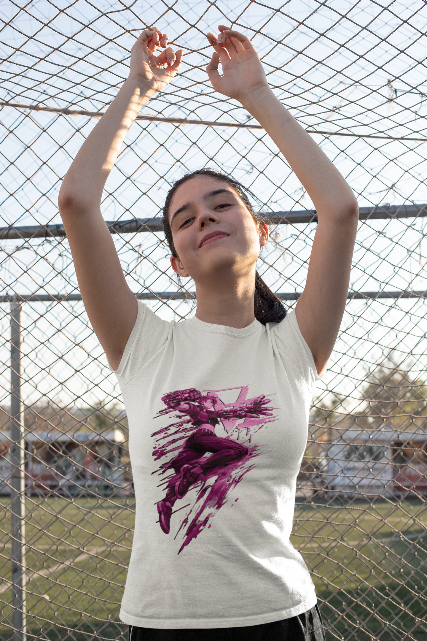 Cyberpunk Fighter T-Shirt — Pink-Haired Gauntlets Neon Streetwear