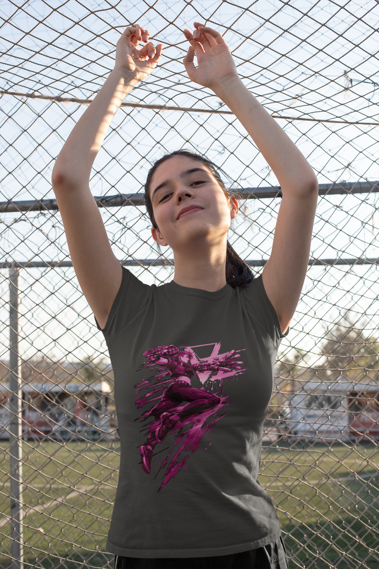 Cyberpunk Fighter T-Shirt — Pink-Haired Gauntlets Neon Streetwear