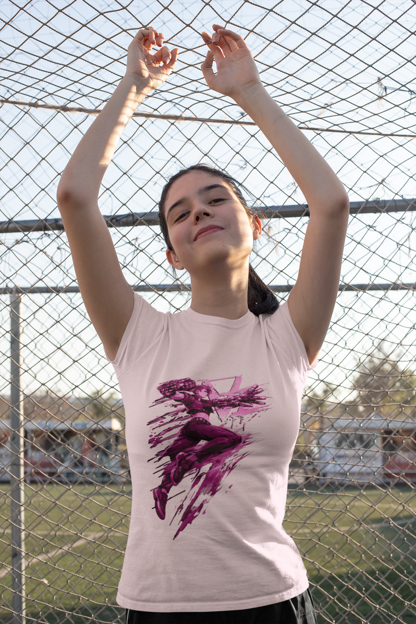 Cyberpunk Fighter T-Shirt — Pink-Haired Gauntlets Neon Streetwear