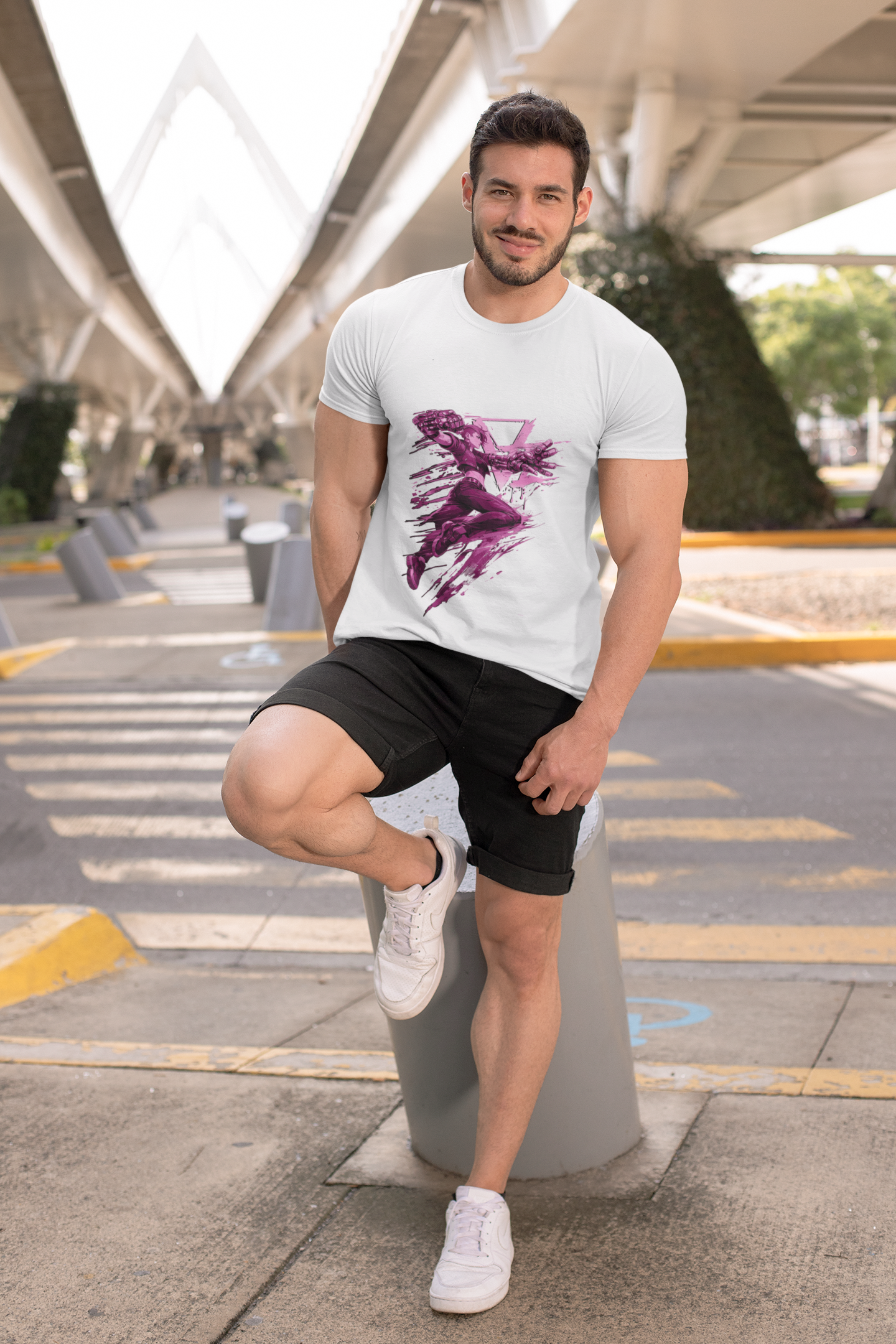 Cyberpunk Fighter T-Shirt — Pink-Haired Gauntlets Neon Streetwear