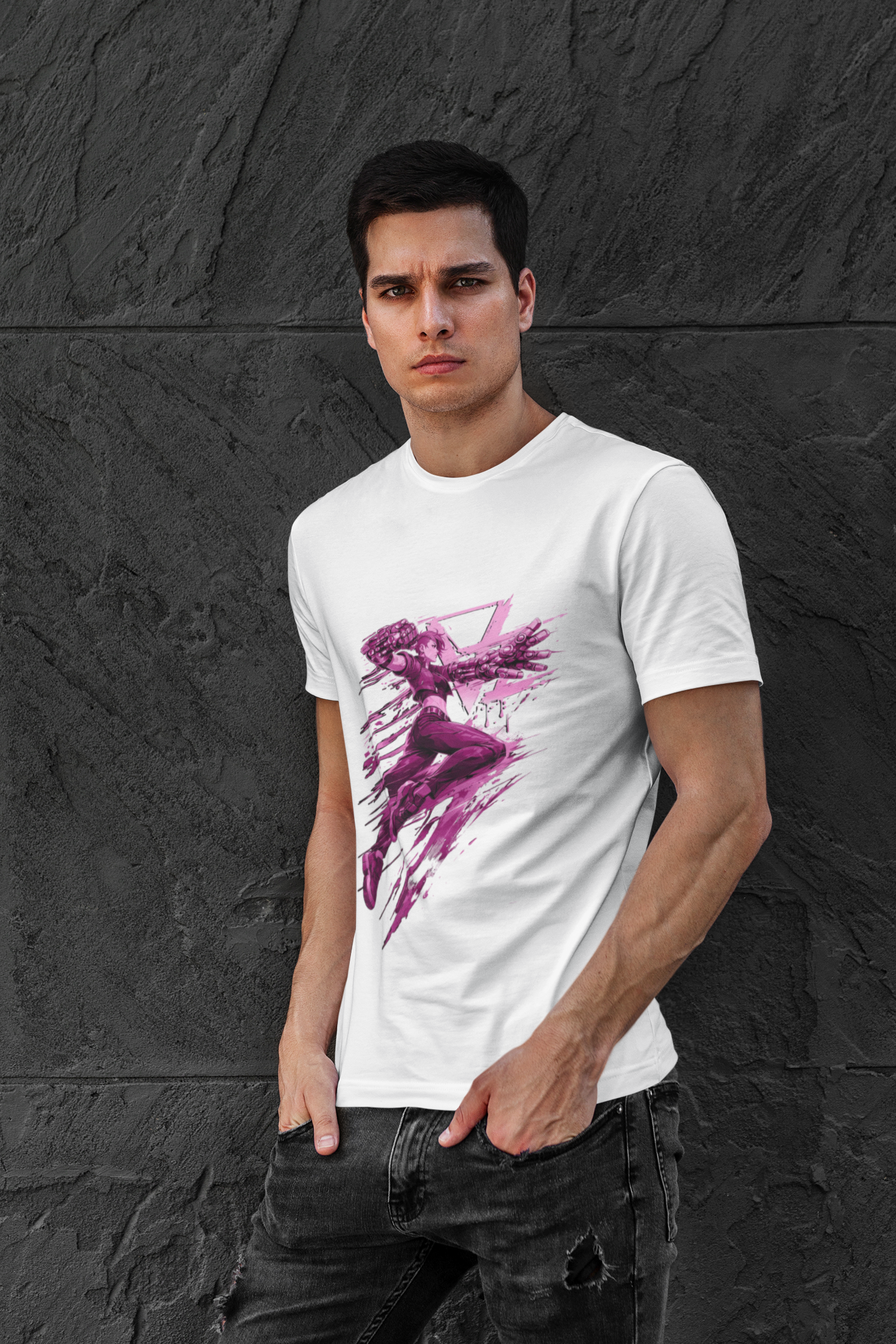 Cyberpunk Fighter T-Shirt — Pink-Haired Gauntlets Neon Streetwear