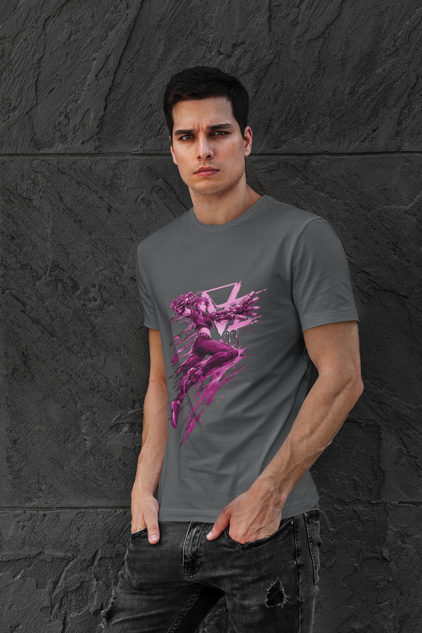 Cyberpunk Fighter T-Shirt — Pink-Haired Gauntlets Neon Streetwear