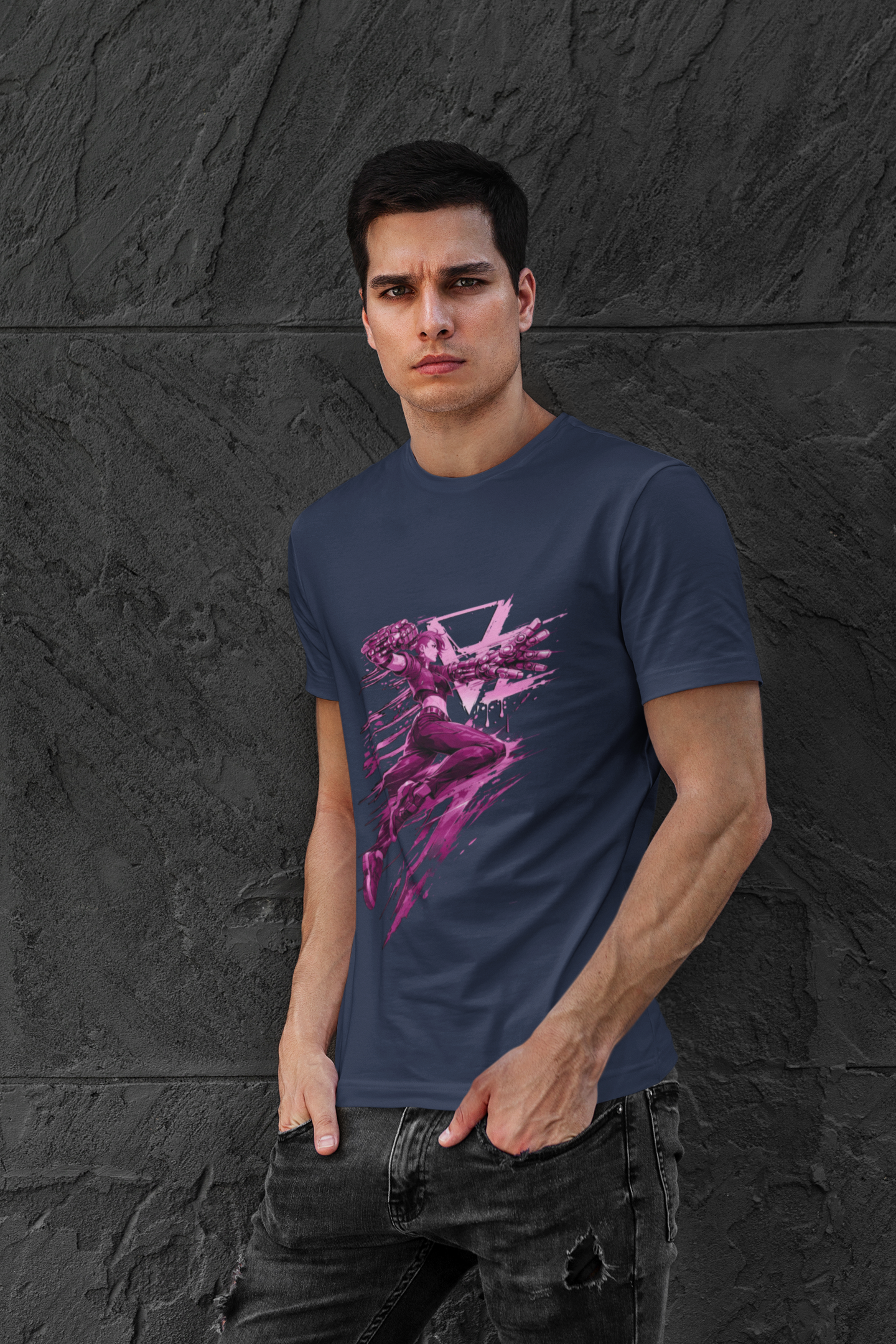 Cyberpunk Fighter T-Shirt — Pink-Haired Gauntlets Neon Streetwear