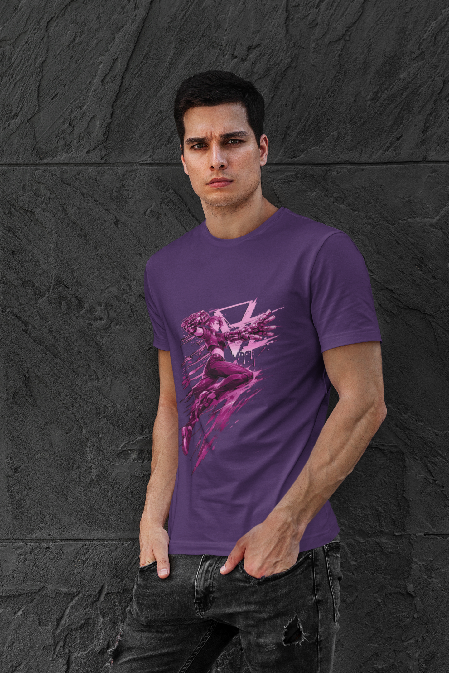 Cyberpunk Fighter T-Shirt — Pink-Haired Gauntlets Neon Streetwear