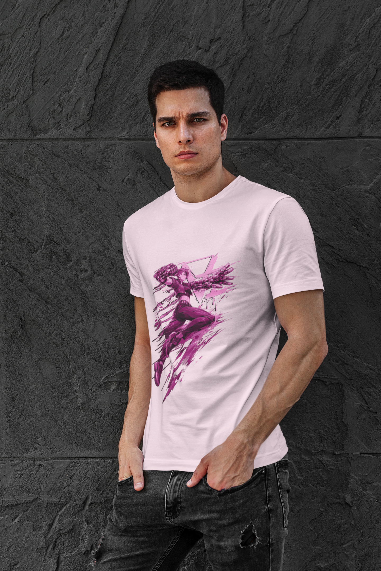 Cyberpunk Fighter T-Shirt — Pink-Haired Gauntlets Neon Streetwear