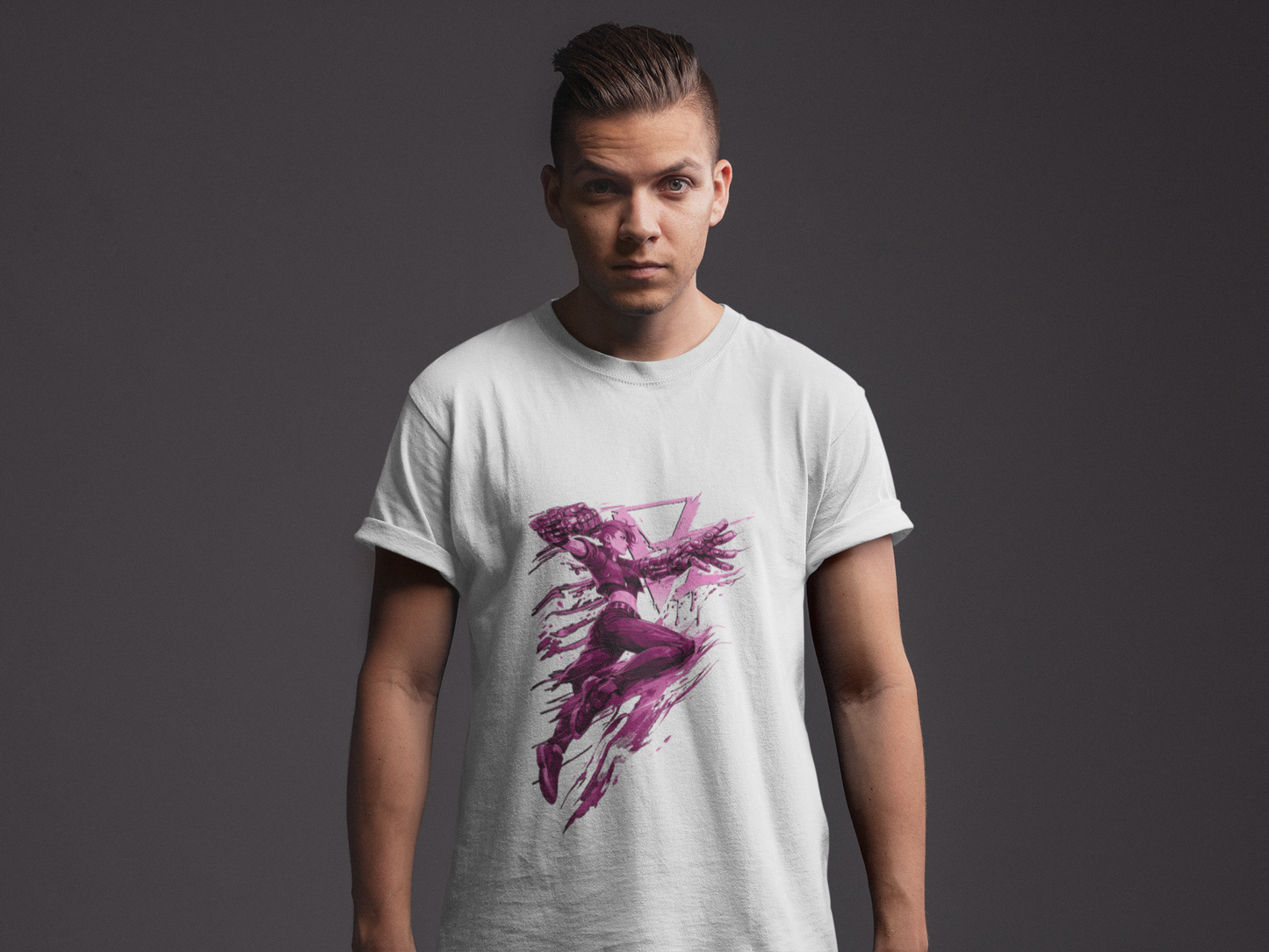 Cyberpunk Fighter T-Shirt — Pink-Haired Gauntlets Neon Streetwear
