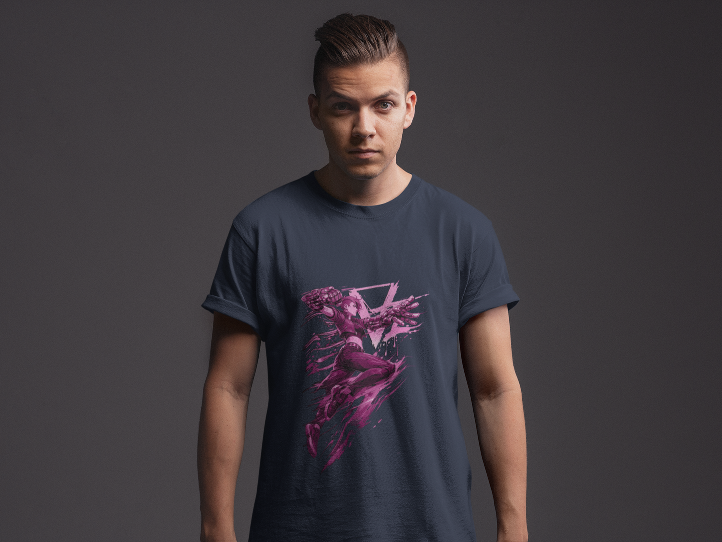 Cyberpunk Fighter T-Shirt — Pink-Haired Gauntlets Neon Streetwear