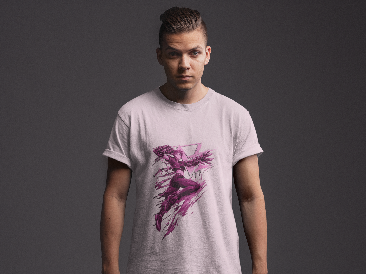 Cyberpunk Fighter T-Shirt — Pink-Haired Gauntlets Neon Streetwear