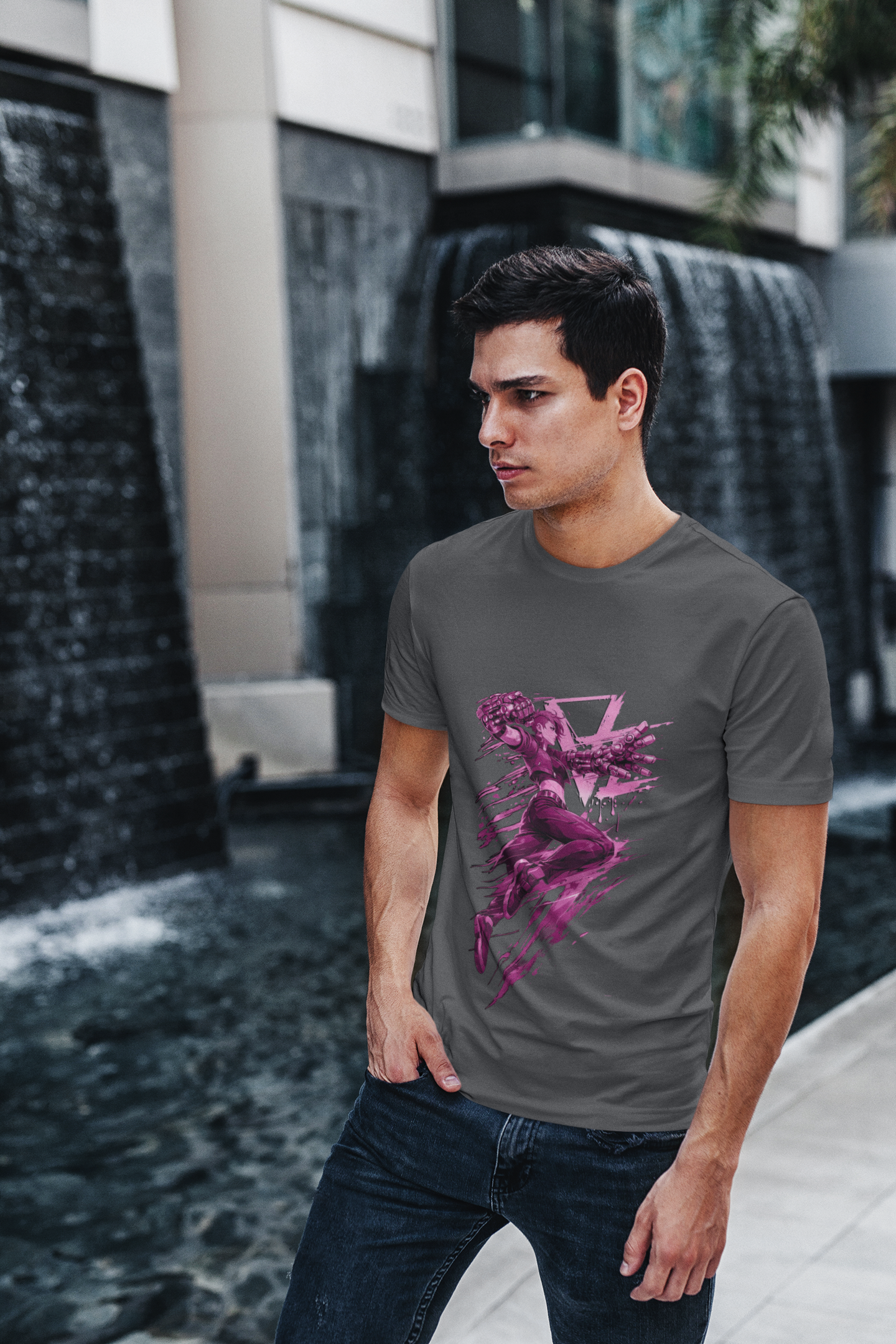 Cyberpunk Fighter T-Shirt — Pink-Haired Gauntlets Neon Streetwear