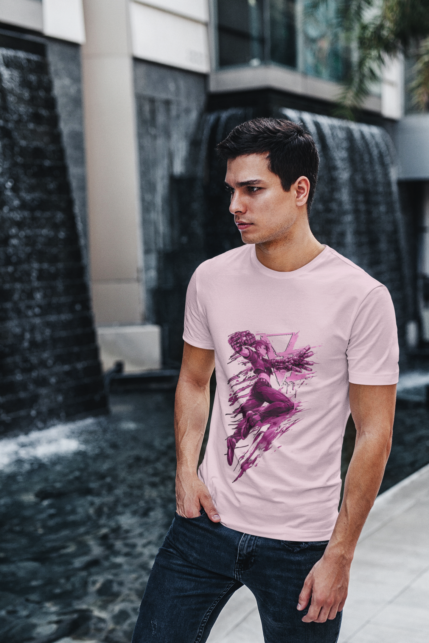 Cyberpunk Fighter T-Shirt — Pink-Haired Gauntlets Neon Streetwear