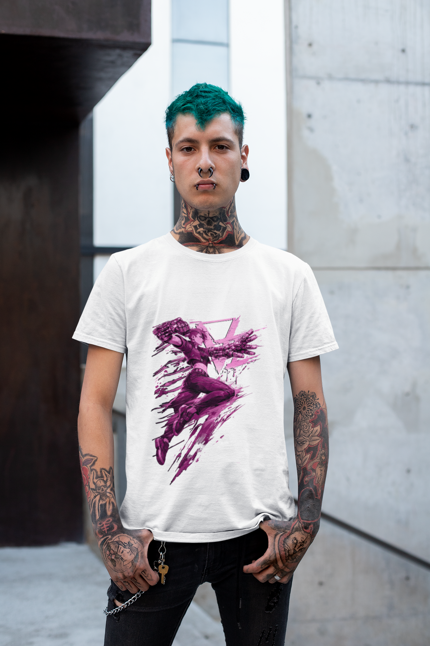 Cyberpunk Fighter T-Shirt — Pink-Haired Gauntlets Neon Streetwear