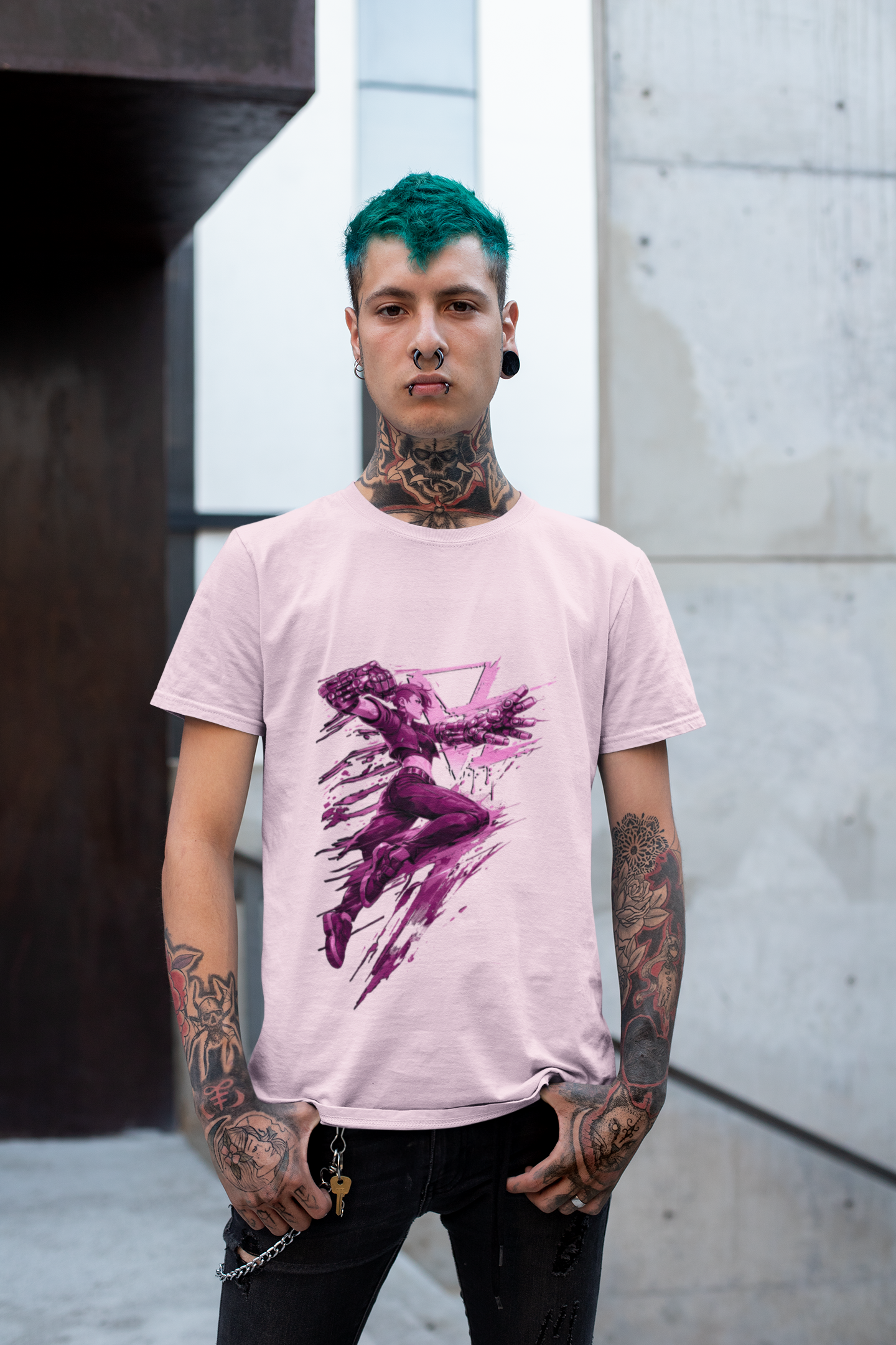 Cyberpunk Fighter T-Shirt — Pink-Haired Gauntlets Neon Streetwear