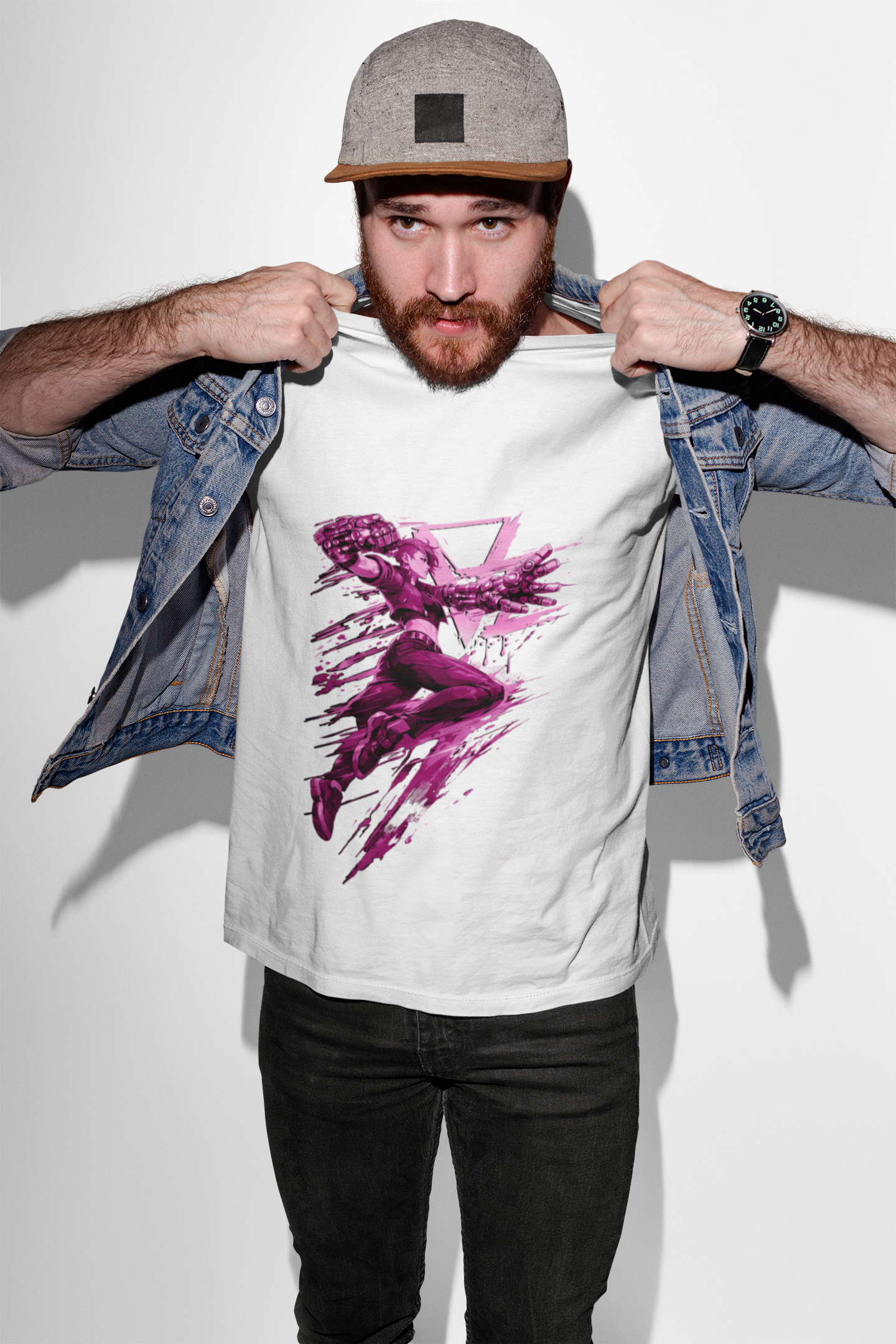 Cyberpunk Fighter T-Shirt — Pink-Haired Gauntlets Neon Streetwear