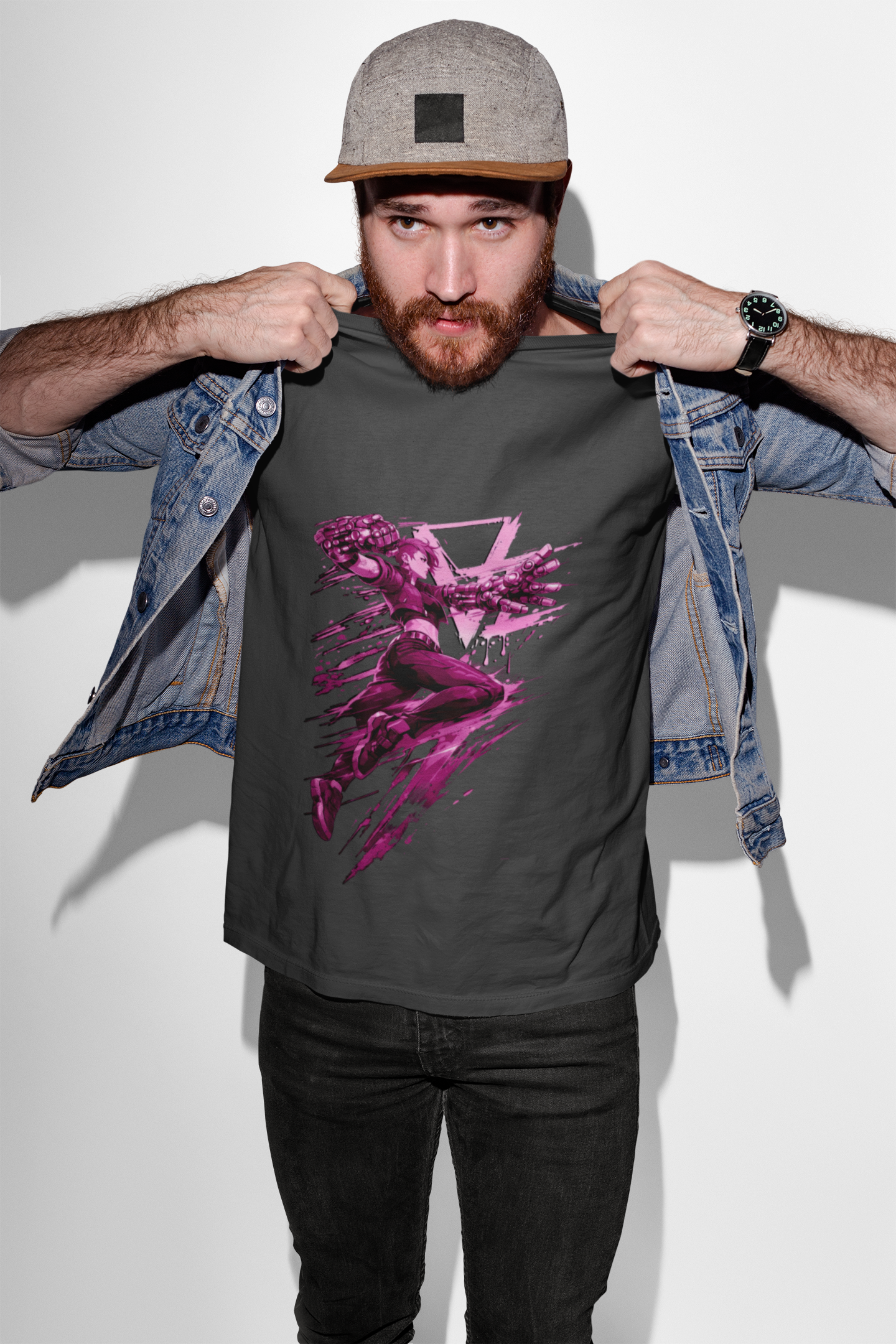 Cyberpunk Fighter T-Shirt — Pink-Haired Gauntlets Neon Streetwear