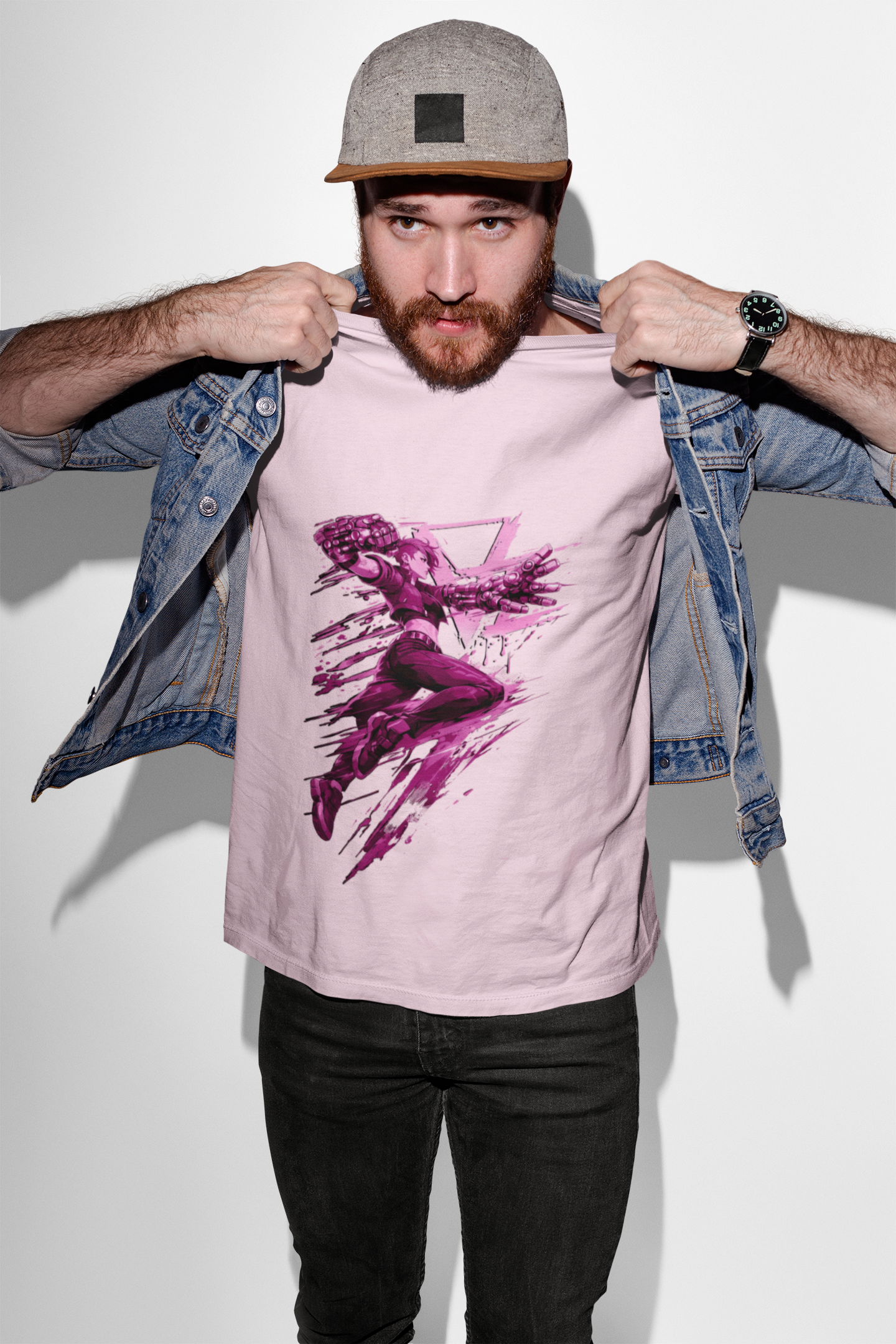 Cyberpunk Fighter T-Shirt — Pink-Haired Gauntlets Neon Streetwear
