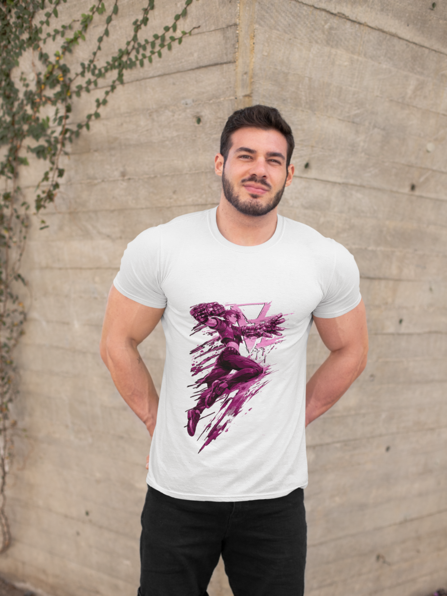 Cyberpunk Fighter T-Shirt — Pink-Haired Gauntlets Neon Streetwear
