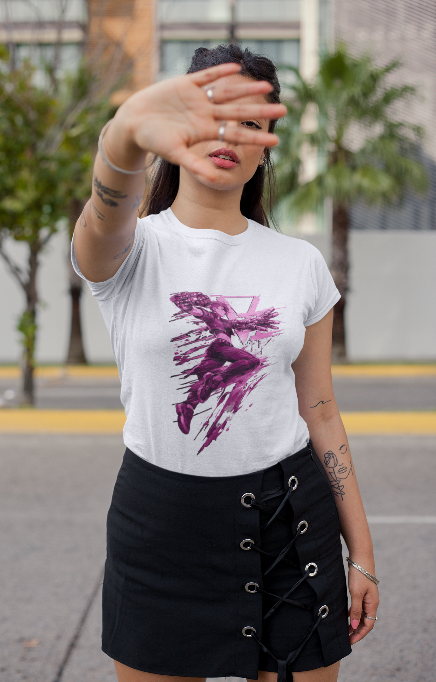 Cyberpunk Fighter T-Shirt — Pink-Haired Gauntlets Neon Streetwear