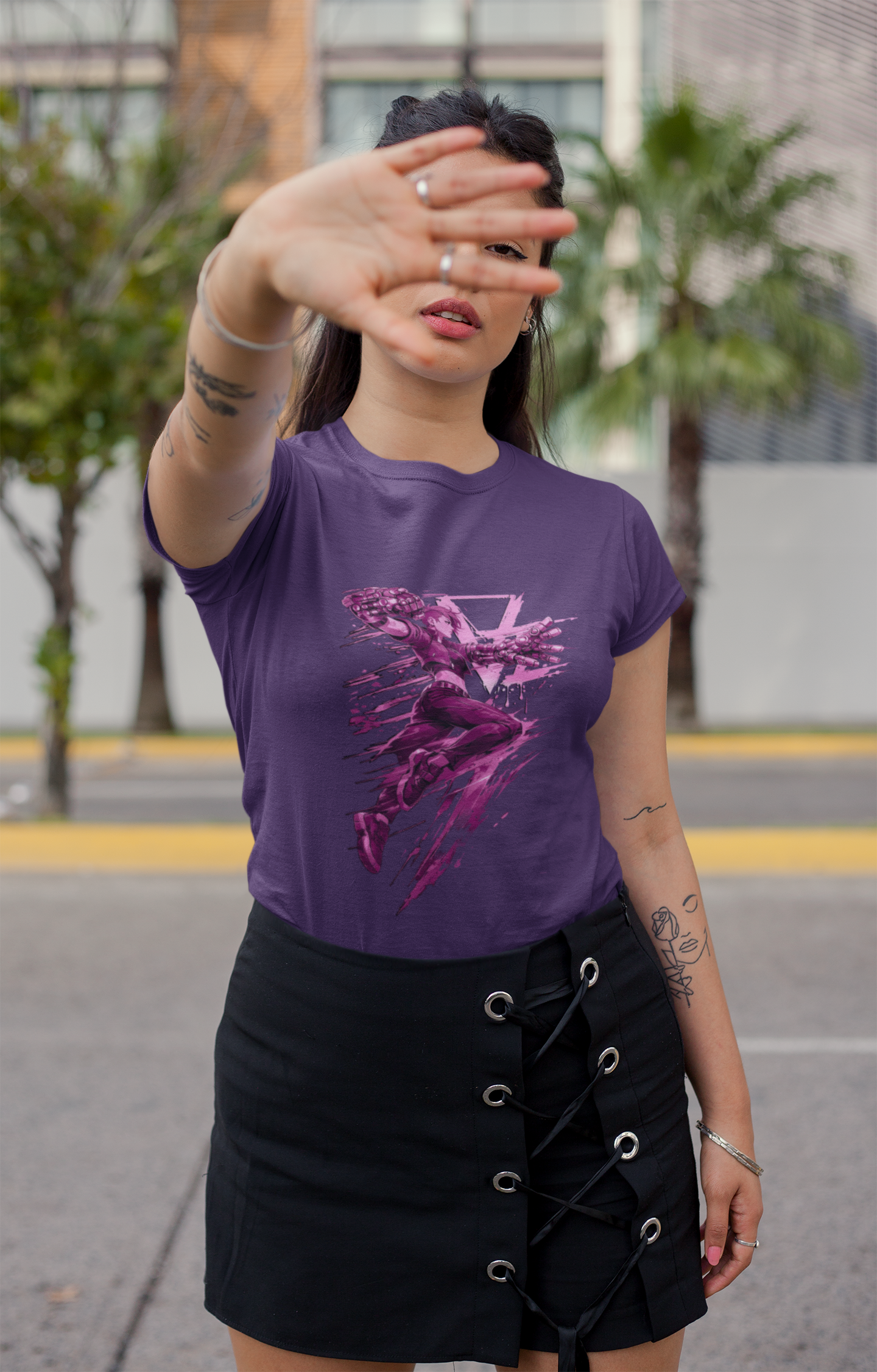Cyberpunk Fighter T-Shirt — Pink-Haired Gauntlets Neon Streetwear