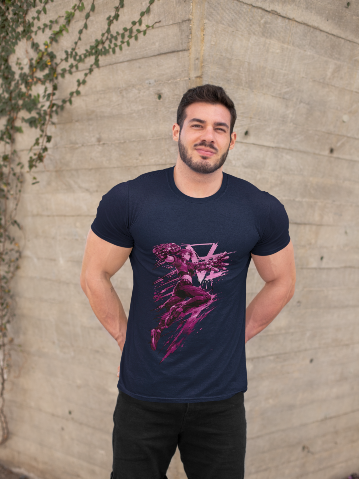 Cyberpunk Fighter T-Shirt — Pink-Haired Gauntlets Neon Streetwear