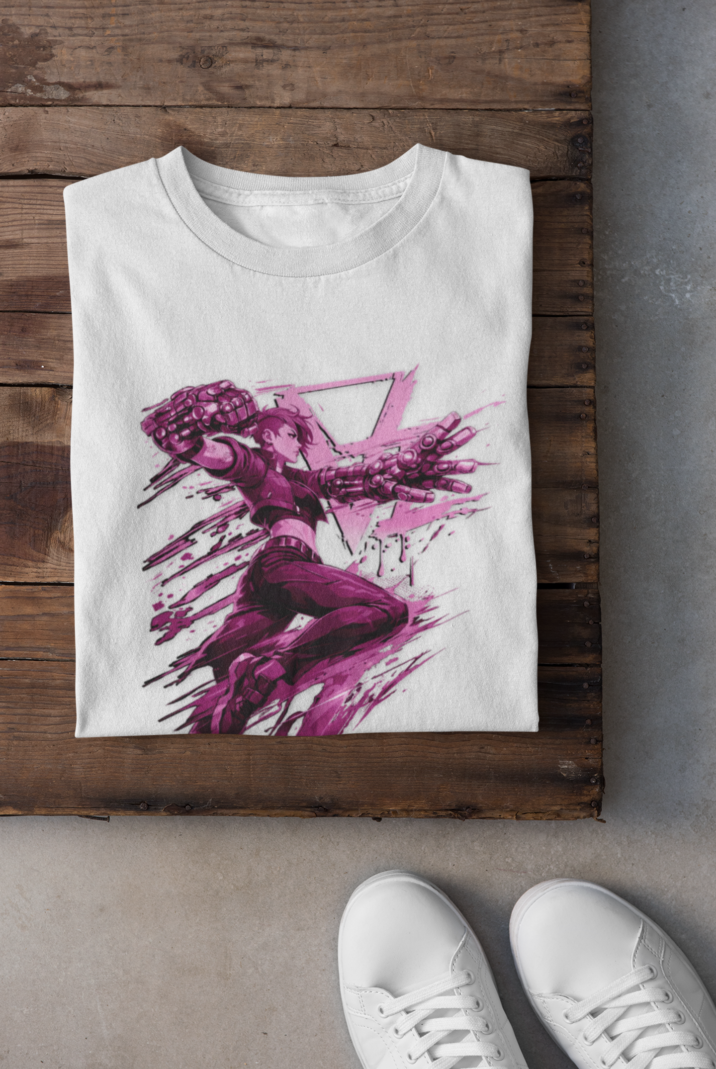 Cyberpunk Fighter T-Shirt — Pink-Haired Gauntlets Neon Streetwear