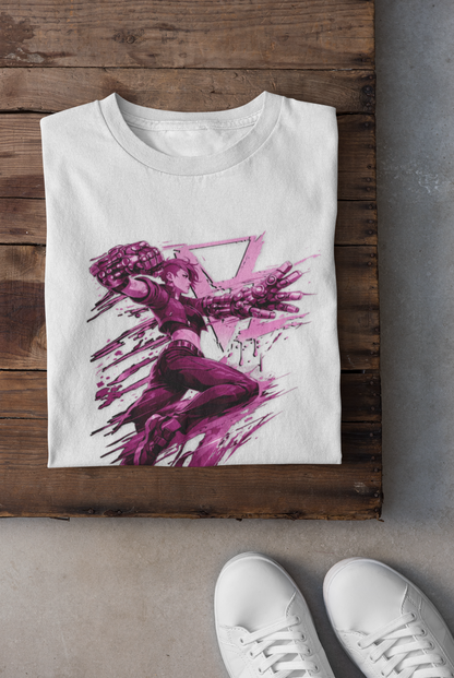 Cyberpunk Fighter T-Shirt — Pink-Haired Gauntlets Neon Streetwear