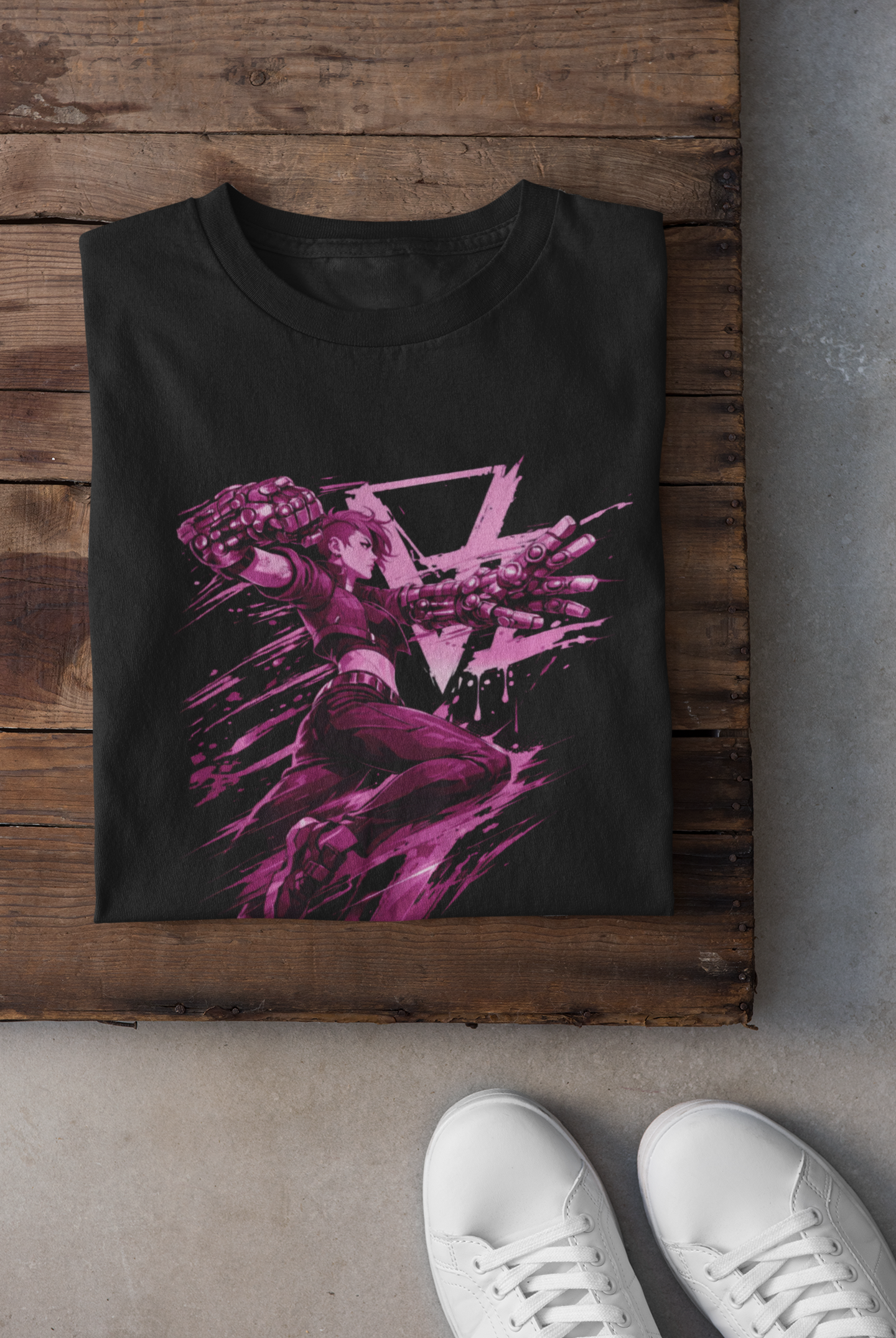 Cyberpunk Fighter T-Shirt — Pink-Haired Gauntlets Neon Streetwear