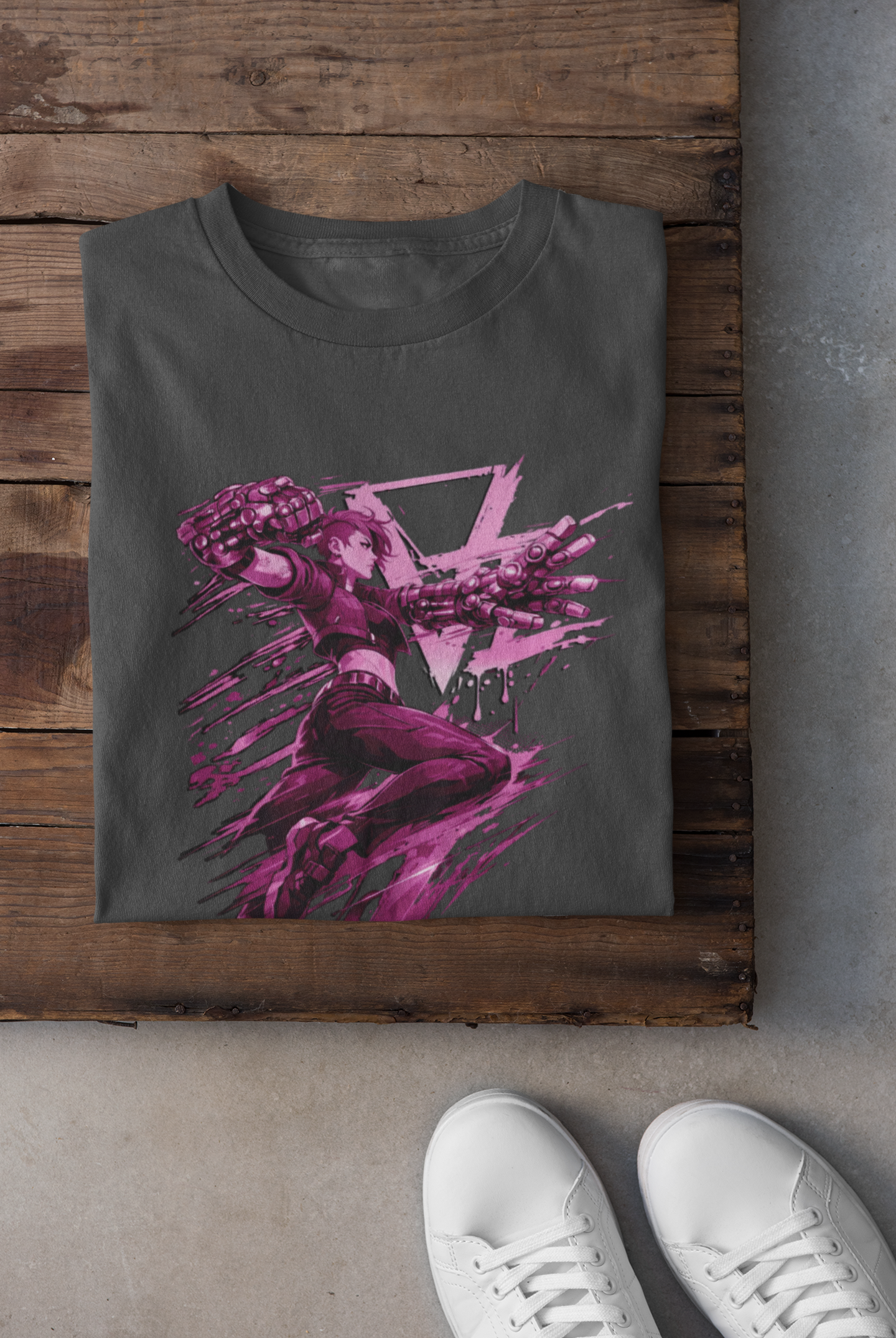Cyberpunk Fighter T-Shirt — Pink-Haired Gauntlets Neon Streetwear