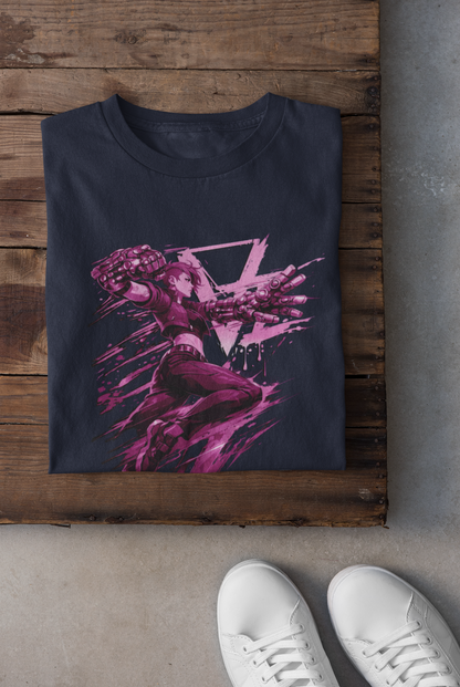 Cyberpunk Fighter T-Shirt — Pink-Haired Gauntlets Neon Streetwear