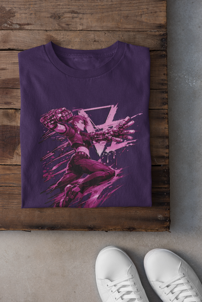 Cyberpunk Fighter T-Shirt — Pink-Haired Gauntlets Neon Streetwear