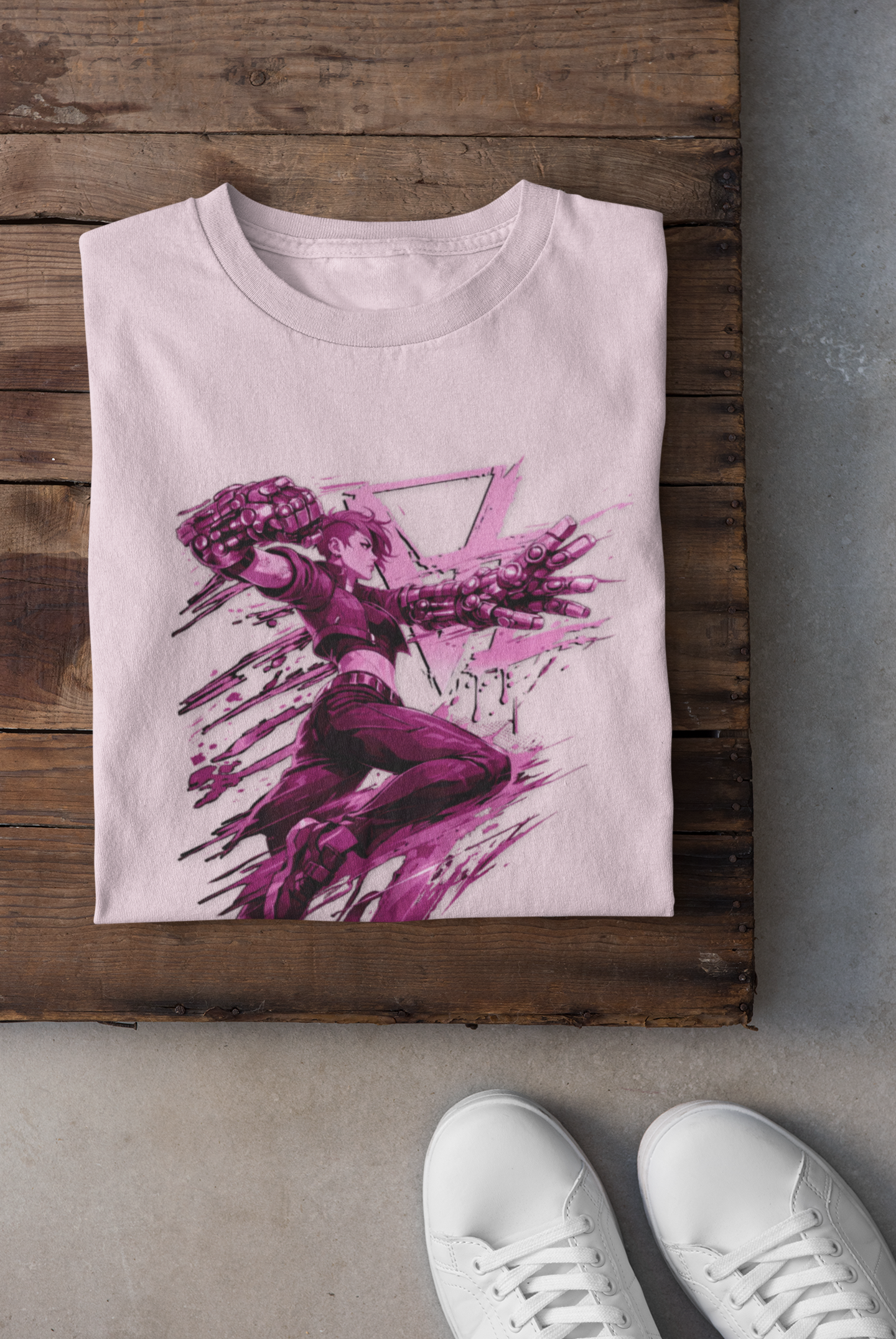 Cyberpunk Fighter T-Shirt — Pink-Haired Gauntlets Neon Streetwear