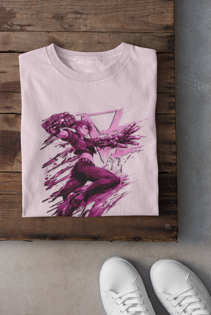 Cyberpunk Fighter T-Shirt — Pink-Haired Gauntlets Neon Streetwear