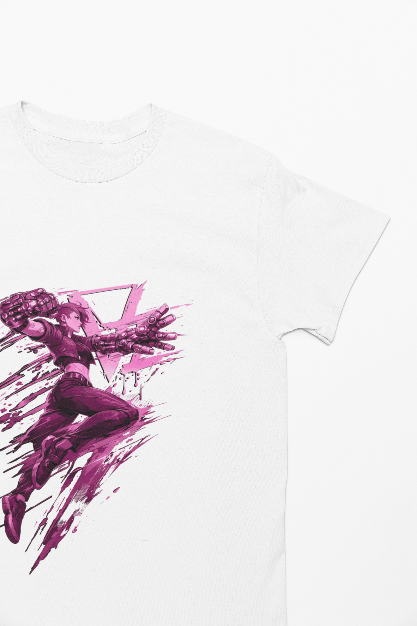 Cyberpunk Fighter T-Shirt — Pink-Haired Gauntlets Neon Streetwear