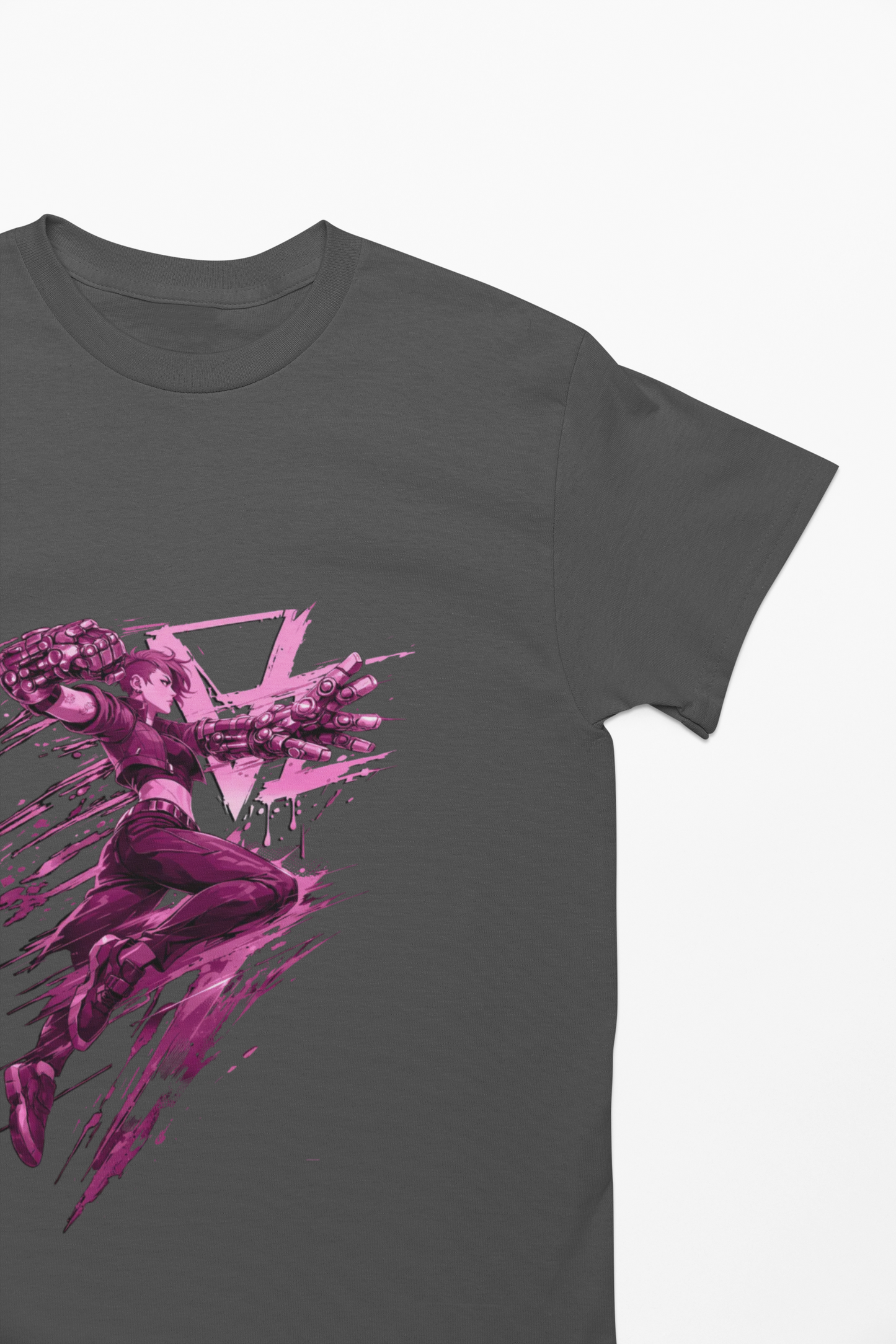 Cyberpunk Fighter T-Shirt — Pink-Haired Gauntlets Neon Streetwear