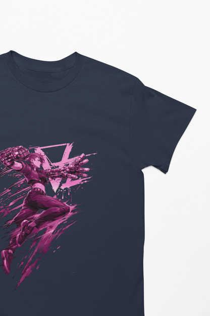 Cyberpunk Fighter T-Shirt — Pink-Haired Gauntlets Neon Streetwear