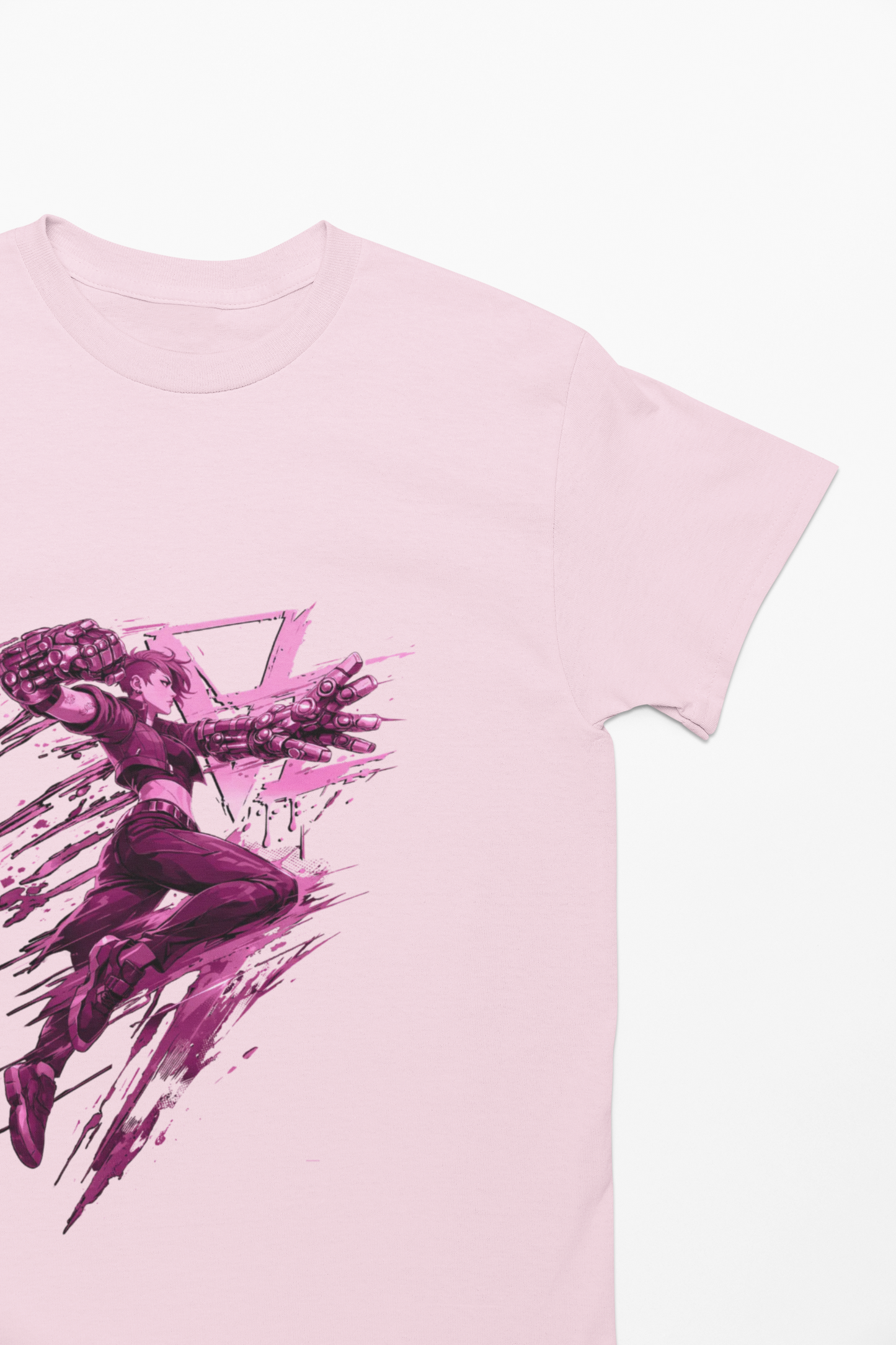 Cyberpunk Fighter T-Shirt — Pink-Haired Gauntlets Neon Streetwear