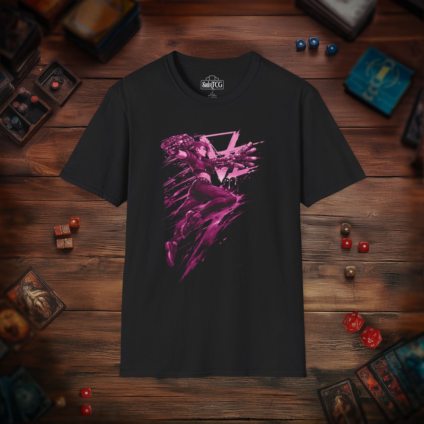 Cyberpunk Fighter T-Shirt — Pink-Haired Gauntlets Neon Streetwear