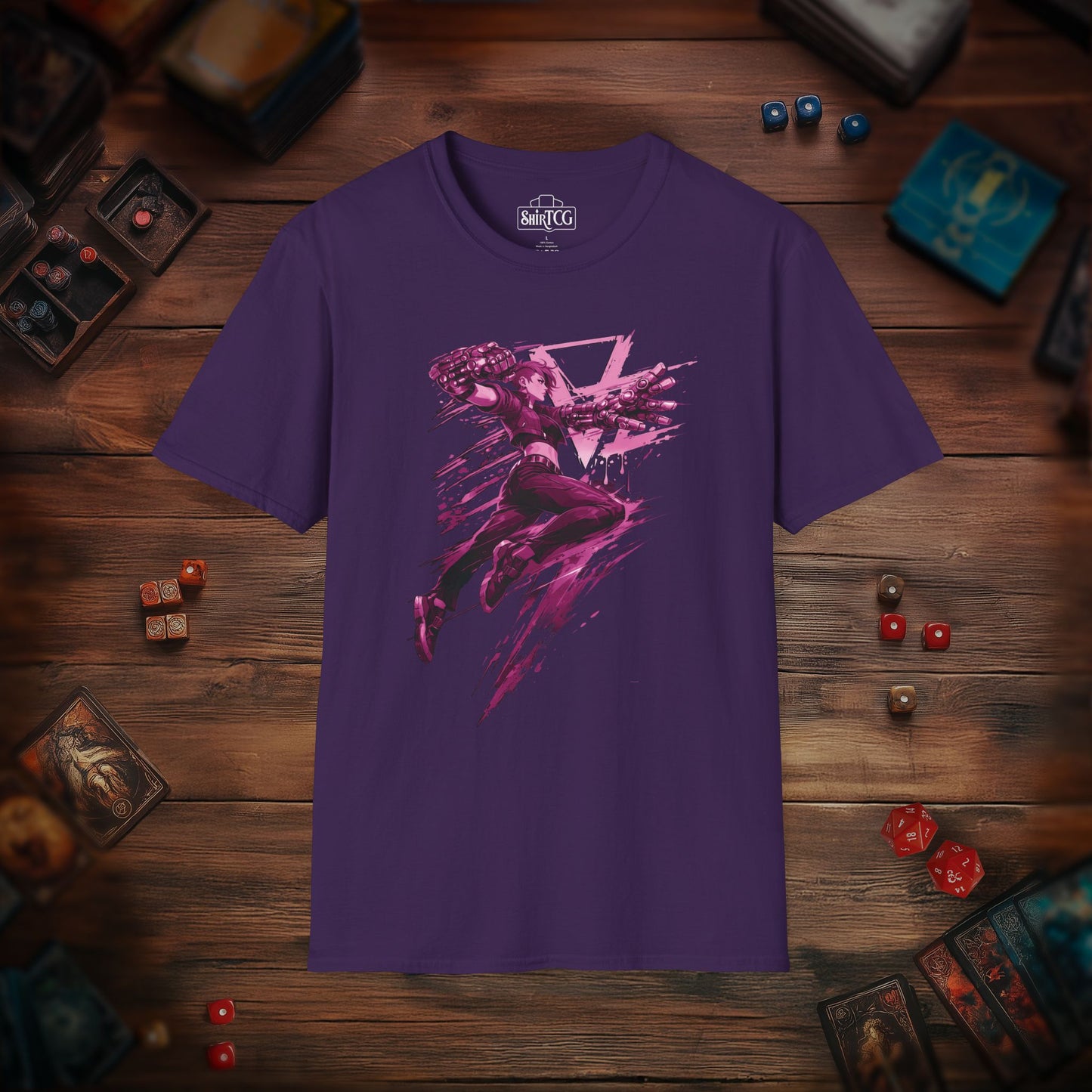 Cyberpunk Fighter T-Shirt — Pink-Haired Gauntlets Neon Streetwear