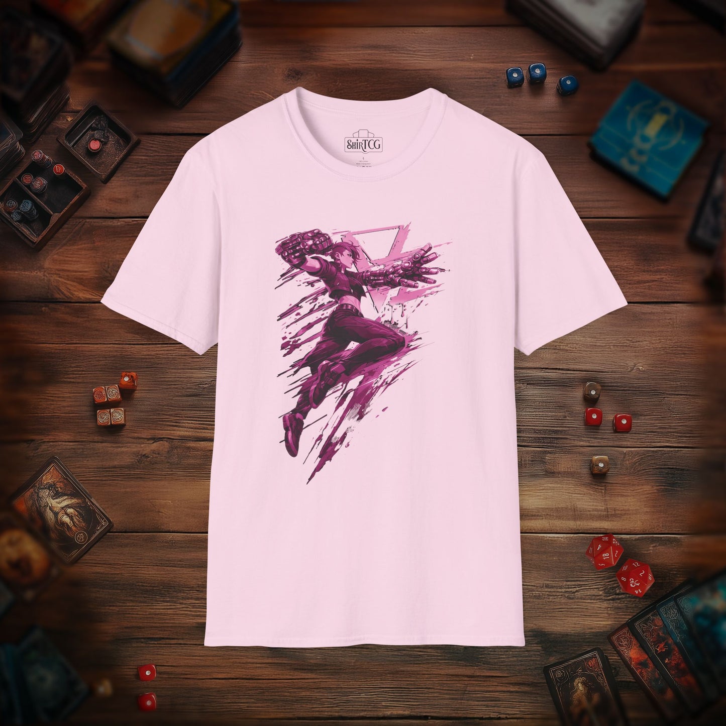 Cyberpunk Fighter T-Shirt — Pink-Haired Gauntlets Neon Streetwear