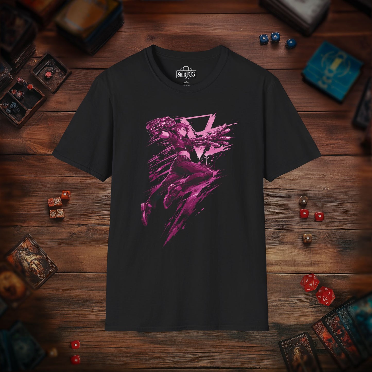 Cyberpunk Fighter T-Shirt — Pink-Haired Gauntlets Neon Streetwear