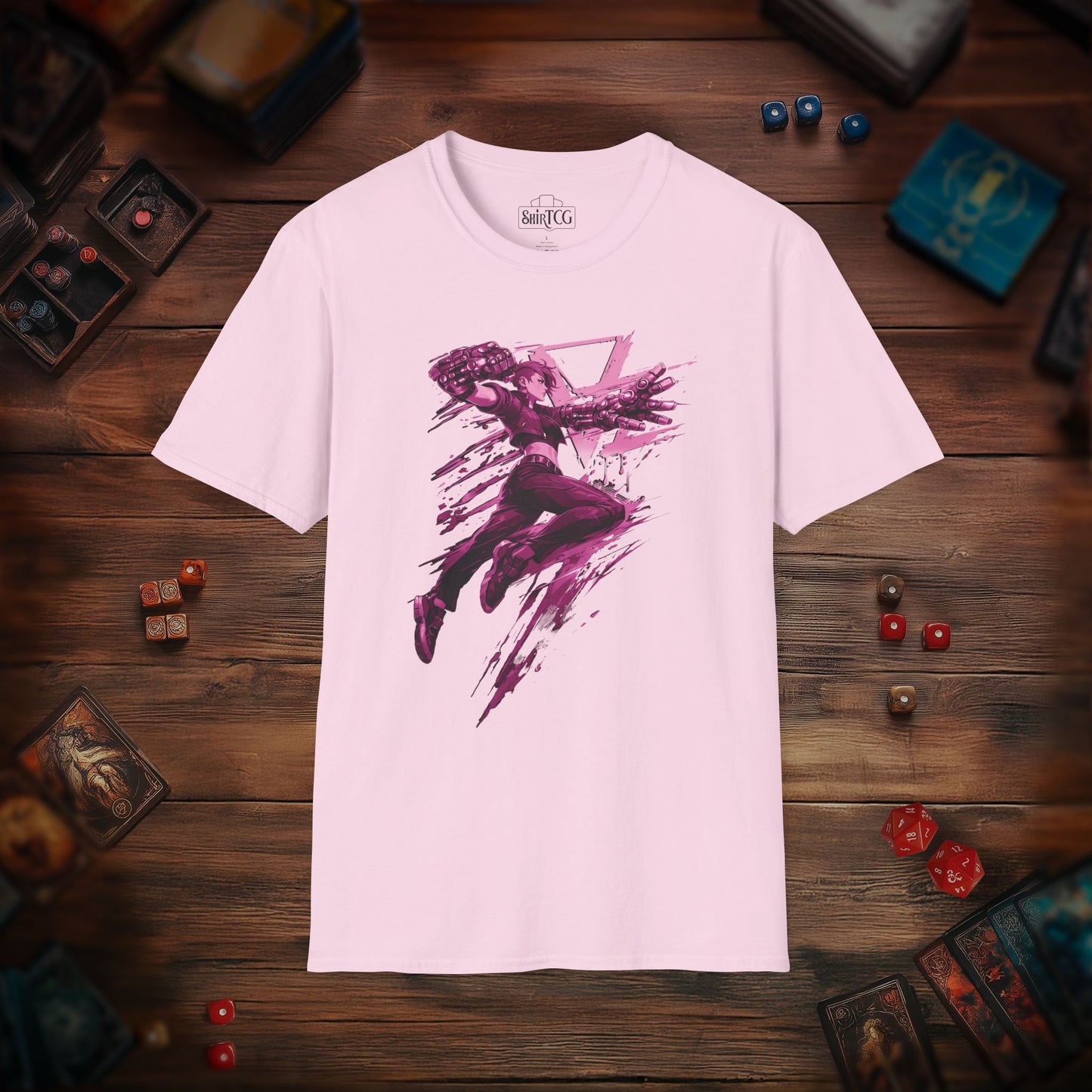 Cyberpunk Fighter T-Shirt — Pink-Haired Gauntlets Neon Streetwear