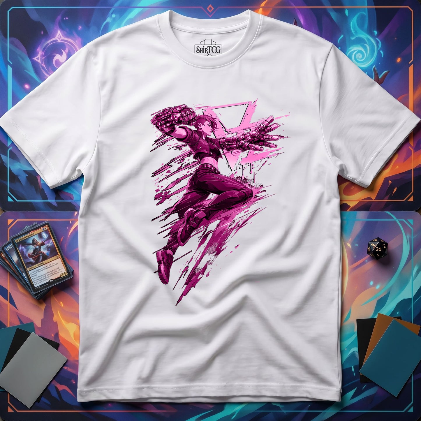 Cyberpunk Fighter T-Shirt — Pink-Haired Gauntlets Neon Streetwear